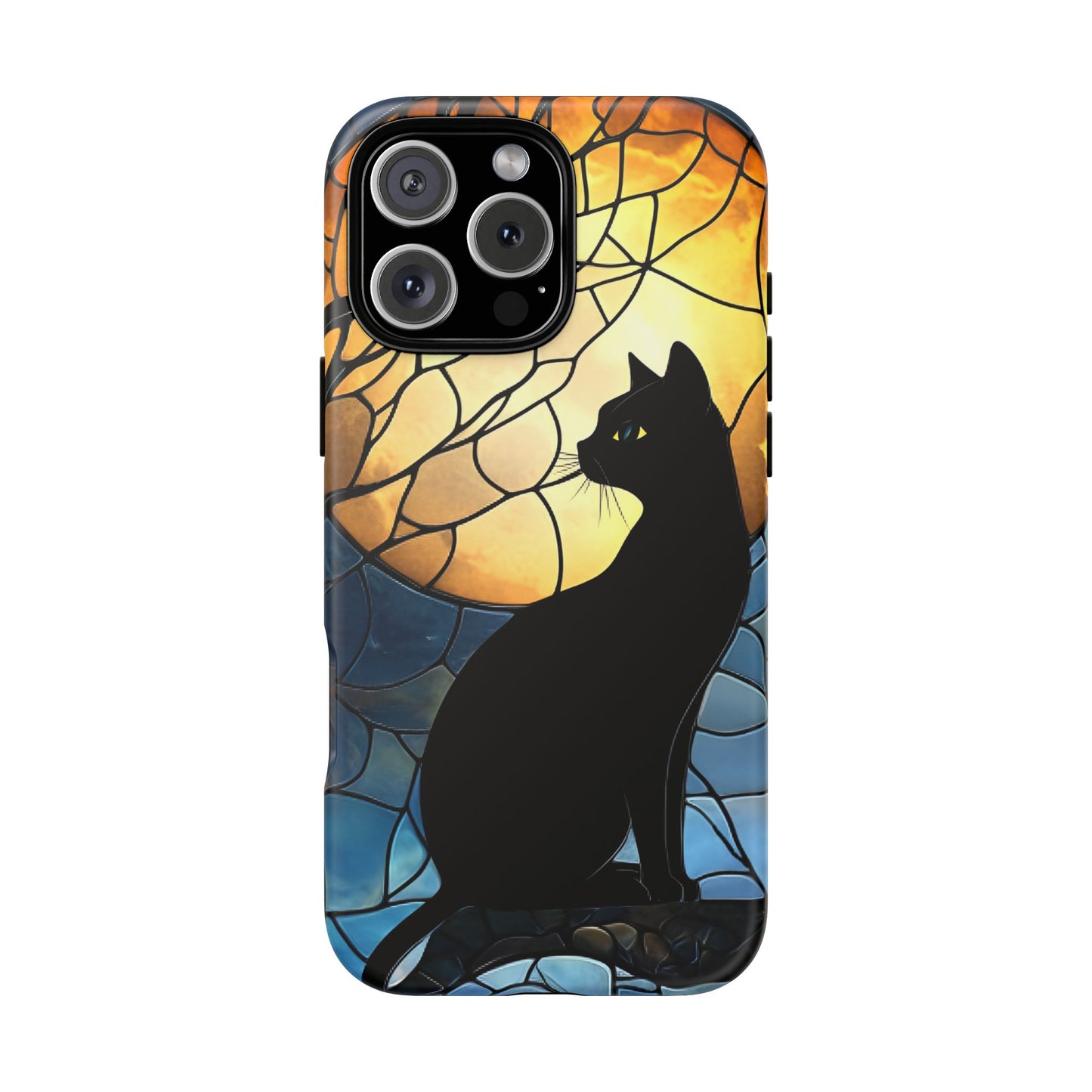 Black Cat and Moon Stained Glass Phone Case - Celestial Cat Lover Phone Cases for iPhone 16 15 14 13 12 11, Samsung Galaxy & Google Pixel