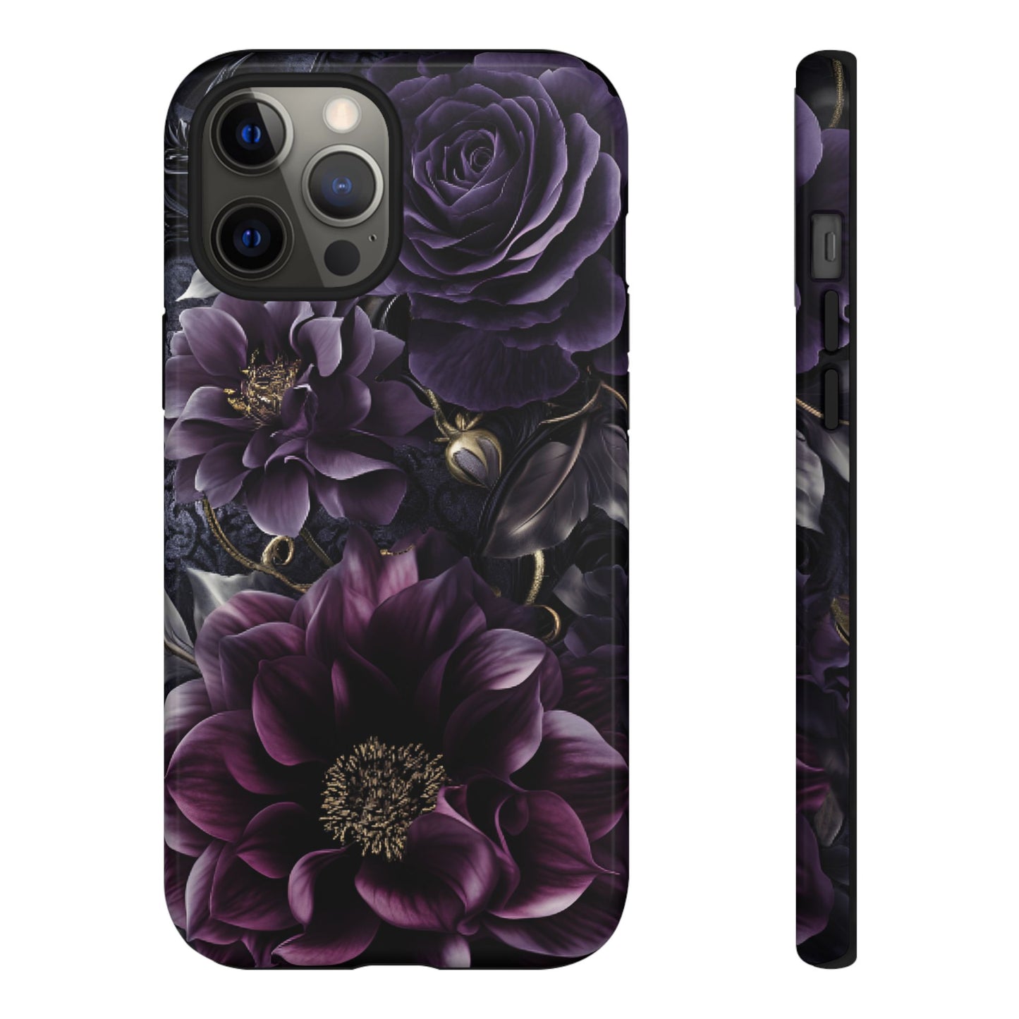 Gothic Dark Floral Phone Case - Aesthetic Purple and Gold Flowers for iPhone 16 15 14 13 12 11, Samsung Galaxy & Google Pixel