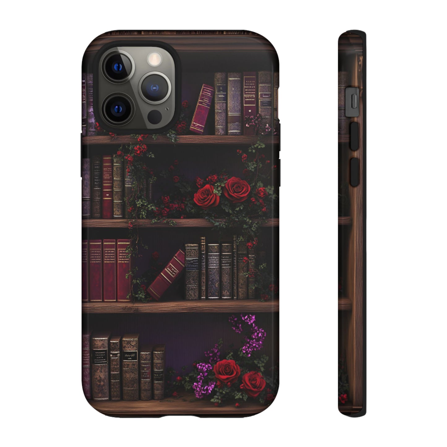 Book Lovers Phone Case - Roses and Books in Moody Vintage Bookshelf - iPhone 16 15 14 13 12 11, Samsung Galaxy & Google Pixel Phone Covers