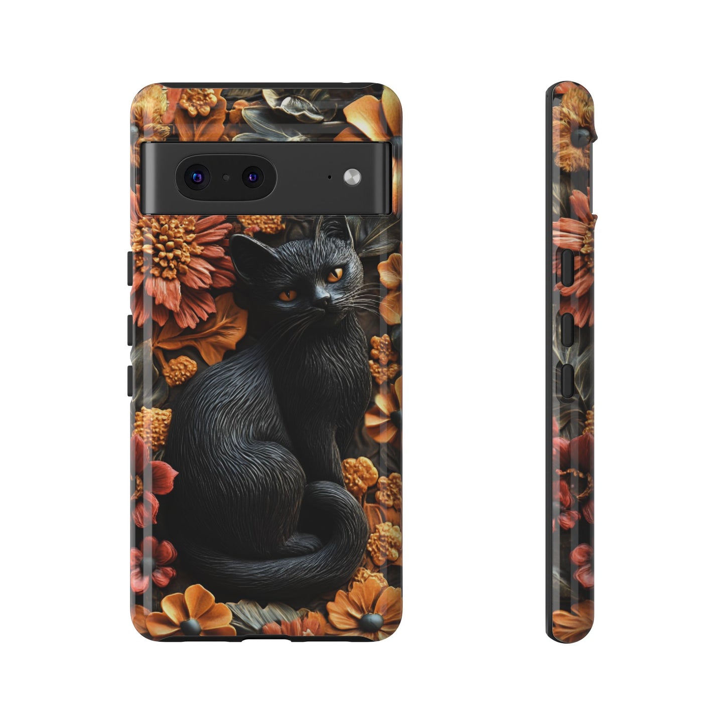 Black Cat Floral Fall Phone Case - Carved Clay Effect Cat Lover Phone Cases - iPhone 16 15 14 13 12 11, Samsung Galaxy & Google Pixel Phone Covers