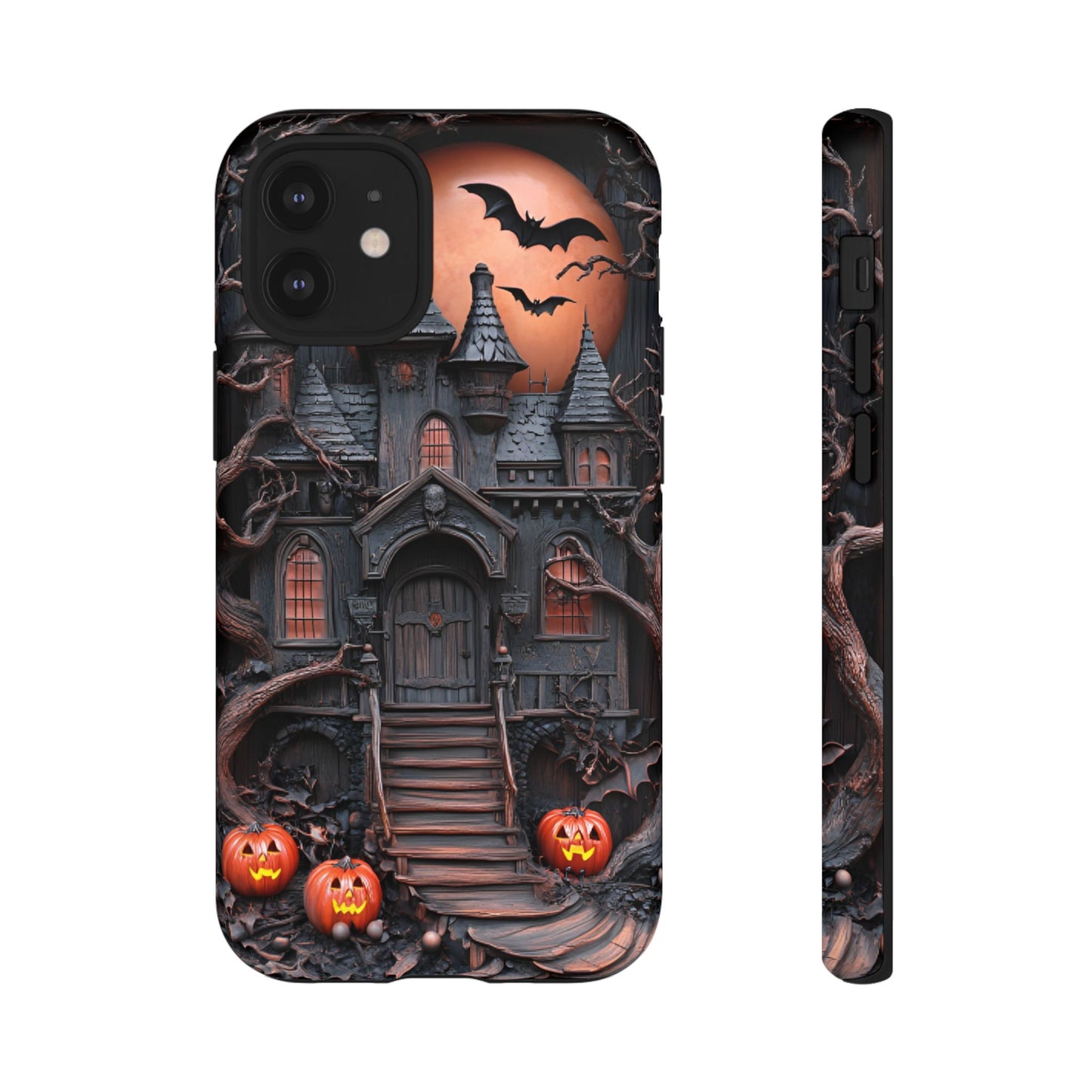 Carved Wood Haunted House Phone Case - Faux Wood Spooky Halloween Phone Cases - iPhone 16 15 14 13 12 11, Samsung Galaxy & Google Pixel Phone Covers