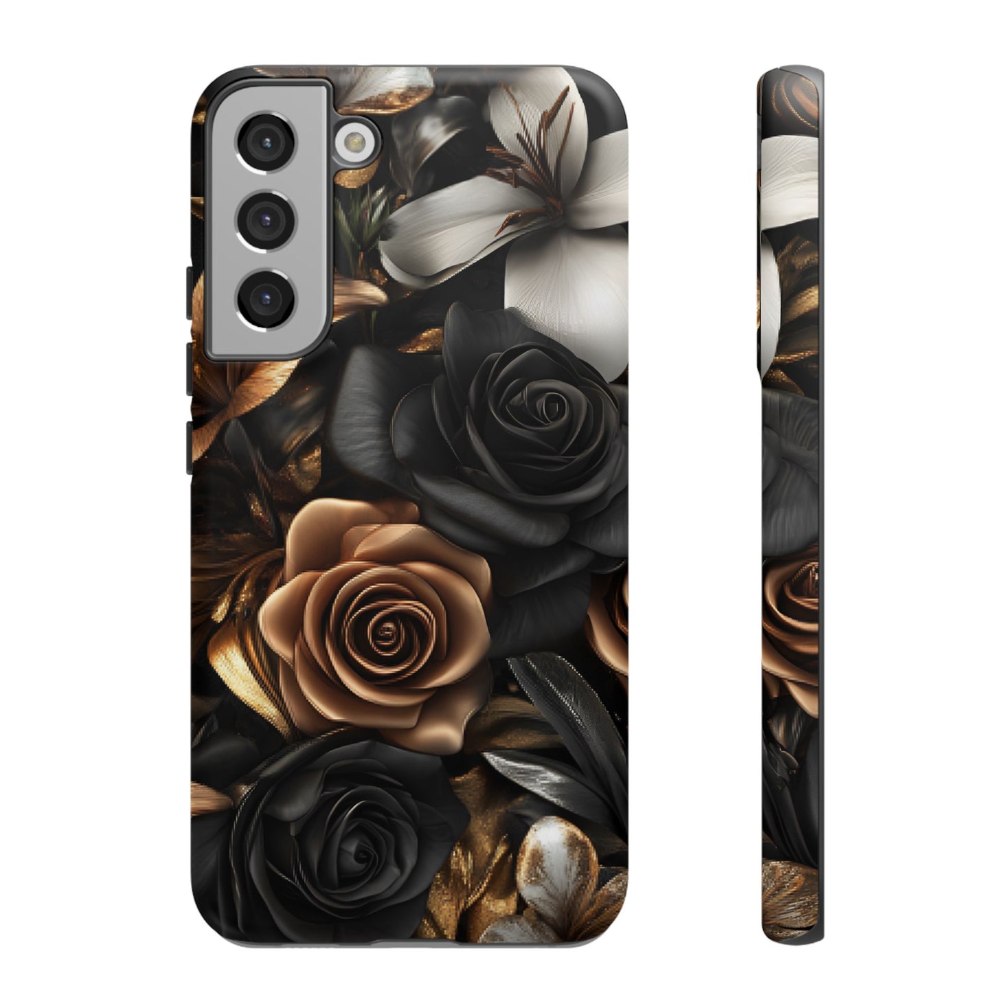 Floral Phone Case - Black and Gold Roses for iPhone 16 15 14 13 12 11, Samsung Galaxy & Google Pixel