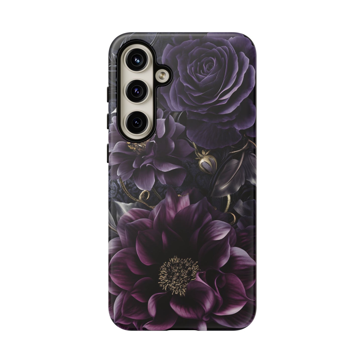 Gothic Dark Floral Phone Case - Aesthetic Purple and Gold Flowers - iPhone 16 15 14 13 12 11, Samsung Galaxy & Google Pixel Phone Covers