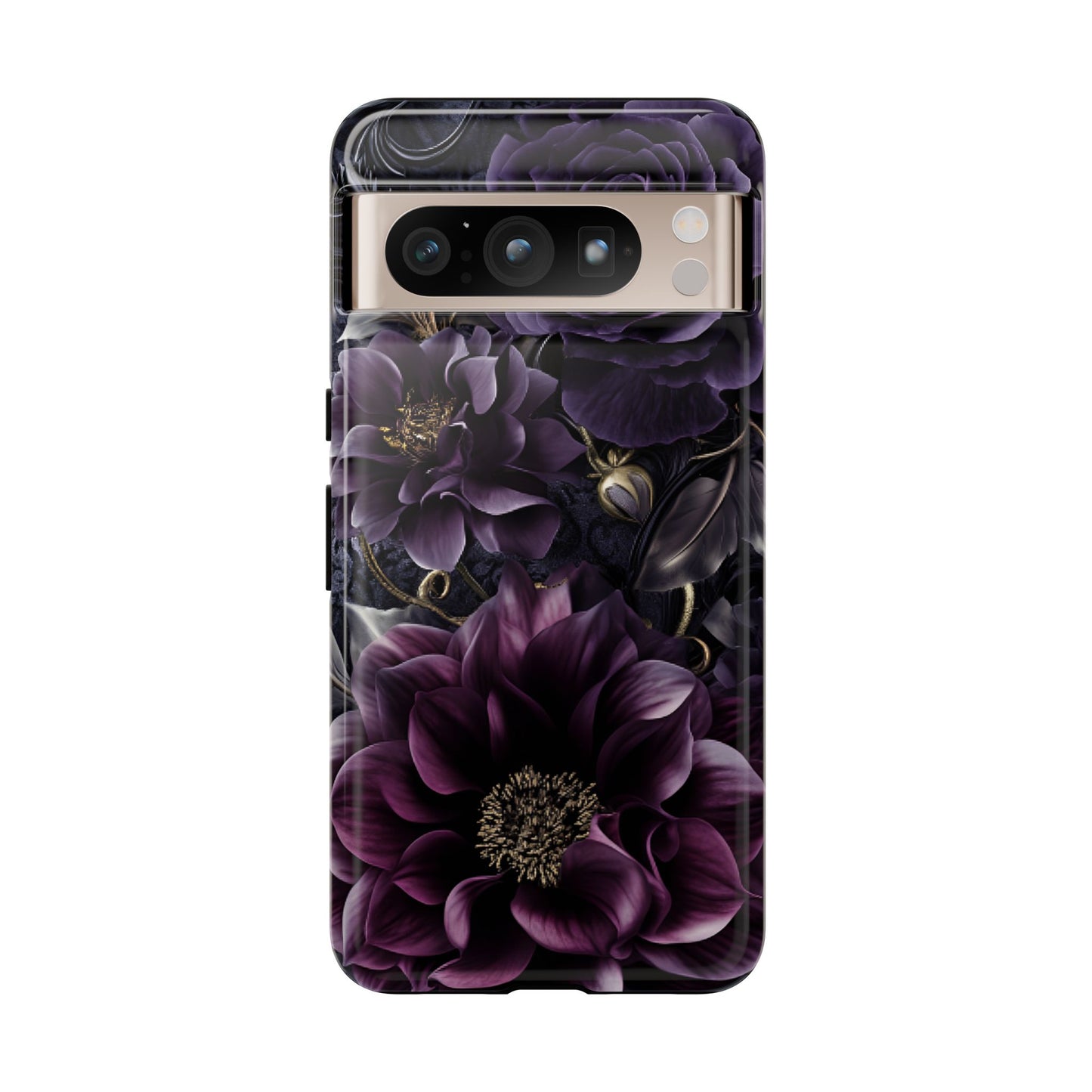 Gothic Dark Floral Phone Case - Aesthetic Purple and Gold Flowers - iPhone 16 15 14 13 12 11, Samsung Galaxy & Google Pixel Phone Covers