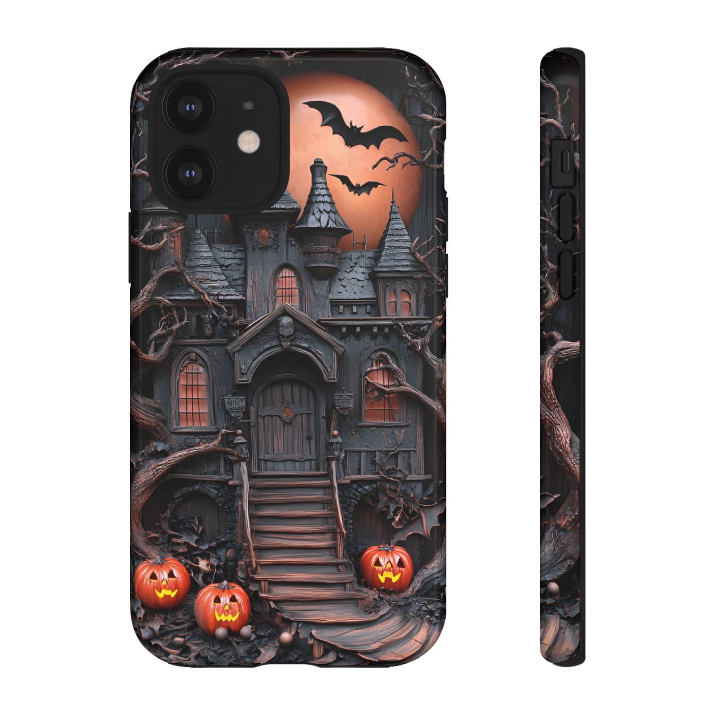 Carved Wood Haunted House Phone Case - Faux Wood Spooky Halloween Phone Cases for iPhone 16 15 14 13 12 11, Samsung Galaxy & Google Pixel