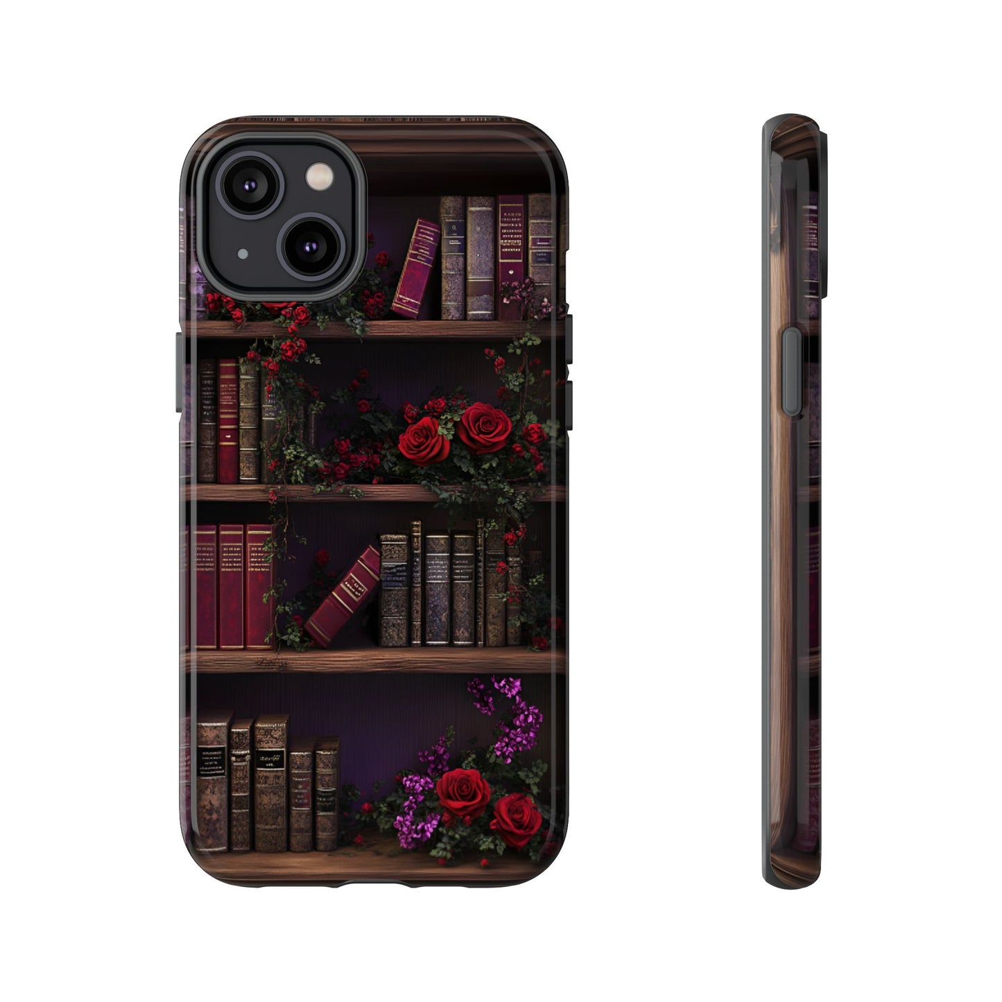 Book Lovers Phone Case - Roses and Books in Moody Vintage Bookshelf for iPhone 16 15 14 13 12 11, Samsung Galaxy & Google Pixel