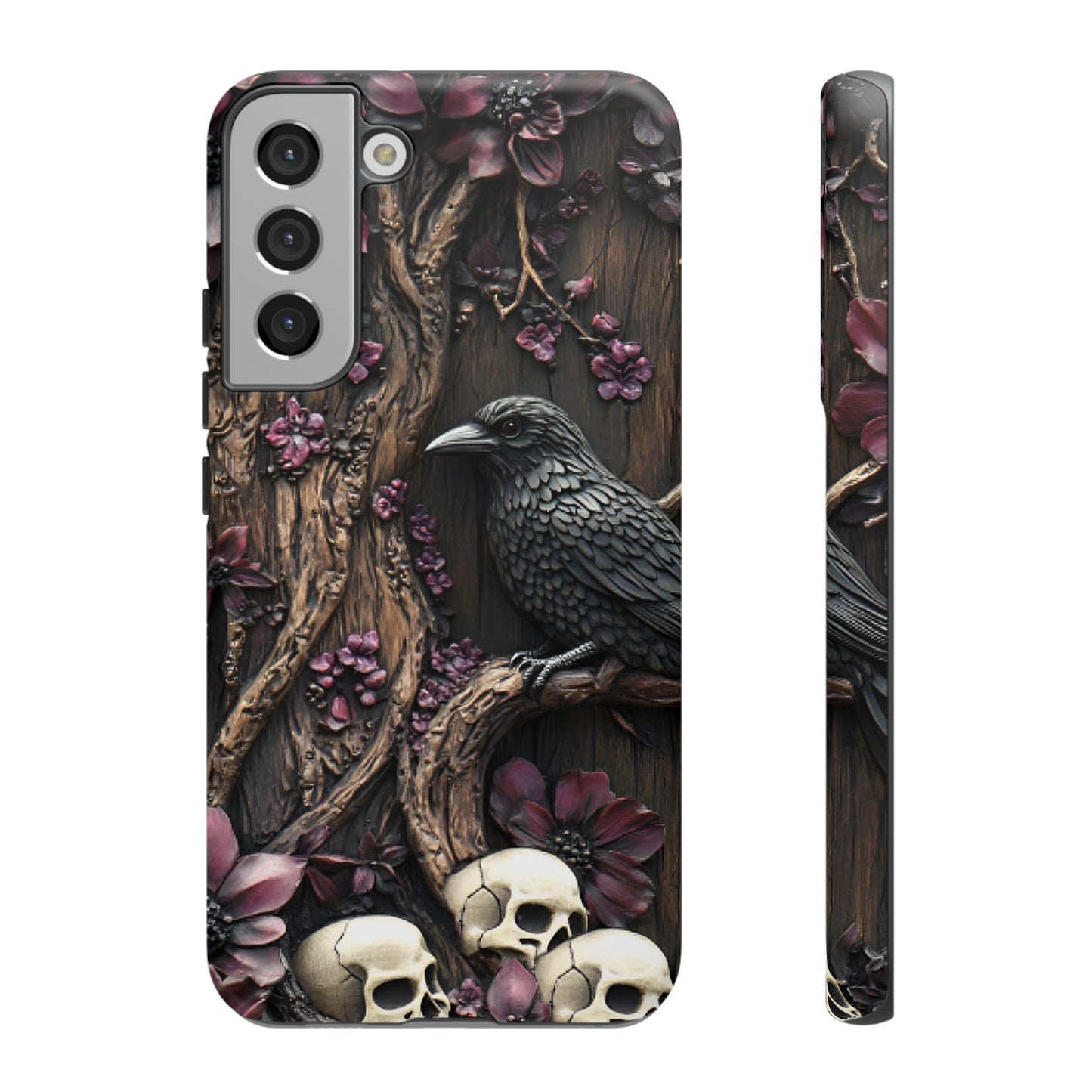 Raven and Skulls Phone Case - Gothic Faux Wood Phone Cases - iPhone 16 15 14 13 12 11, Samsung Galaxy & Google Pixel Phone Covers