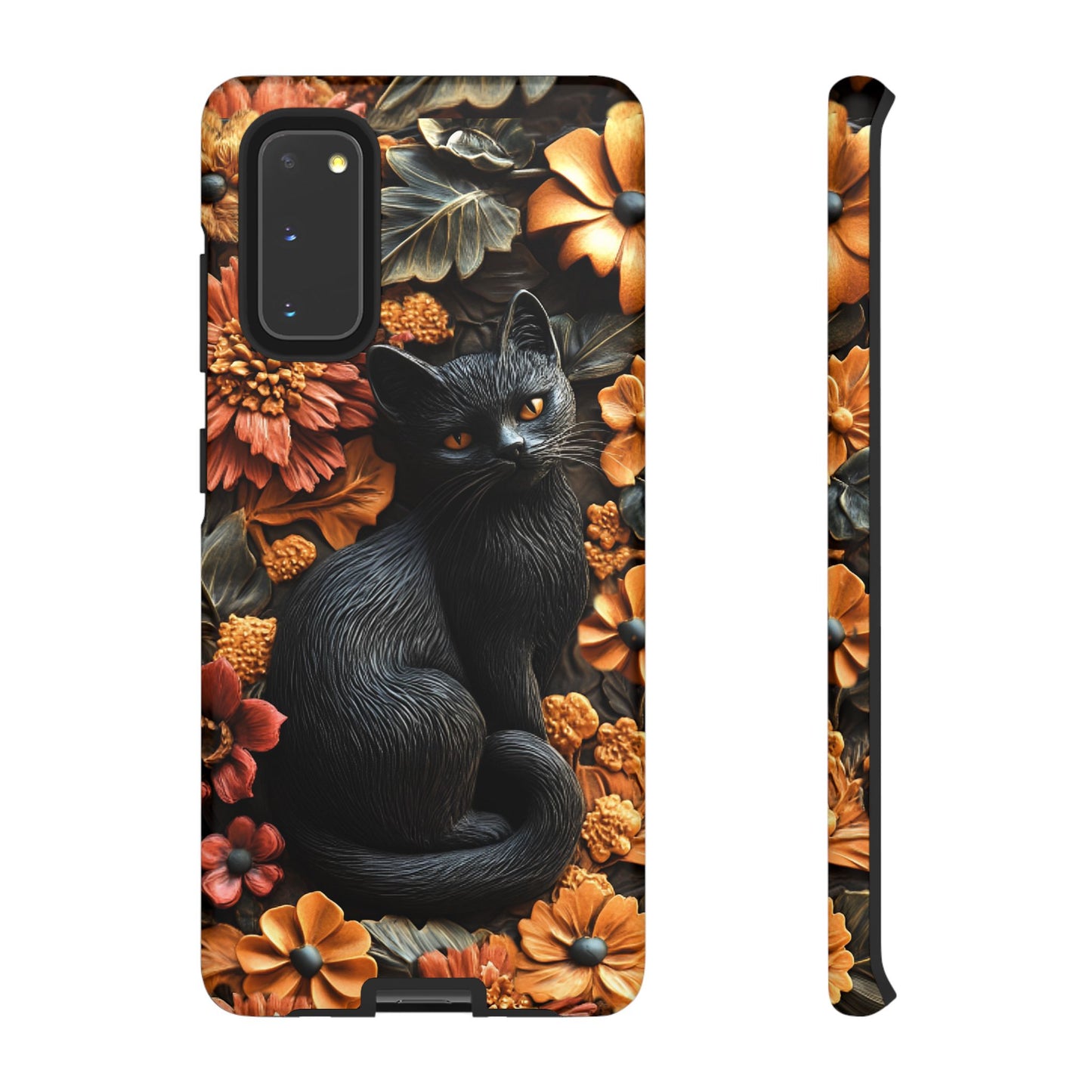 Black Cat Floral Fall Phone Case - Carved Clay Effect Cat Lover Phone Cases for iPhone 16 15 14 13 12 11, Samsung Galaxy & Google Pixel