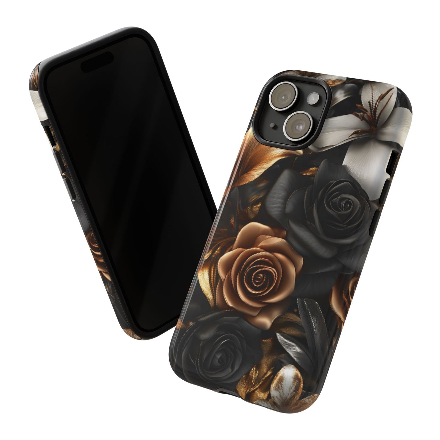 Floral Phone Case - Black and Gold Roses - iPhone 16 15 14 13 12 11, Samsung Galaxy & Google Pixel Phone Covers