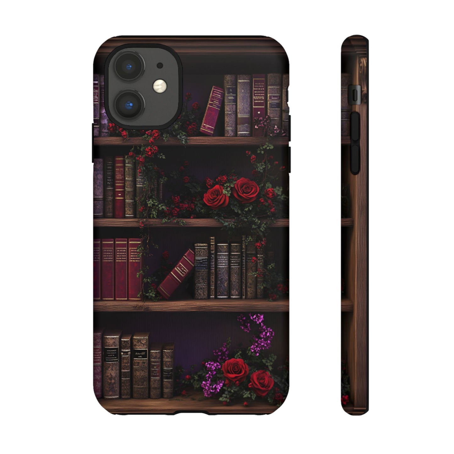 Book Lovers Phone Case - Roses and Books in Moody Vintage Bookshelf for iPhone 16 15 14 13 12 11, Samsung Galaxy & Google Pixel