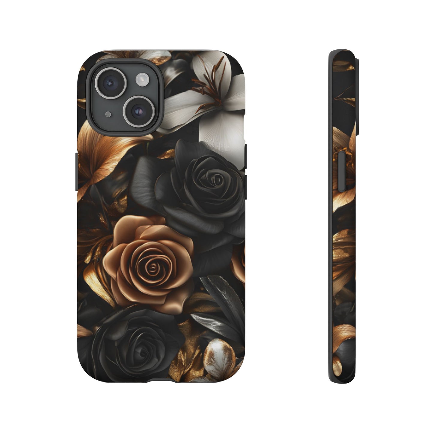 Floral Phone Case - Black and Gold Roses for iPhone 16 15 14 13 12 11, Samsung Galaxy & Google Pixel