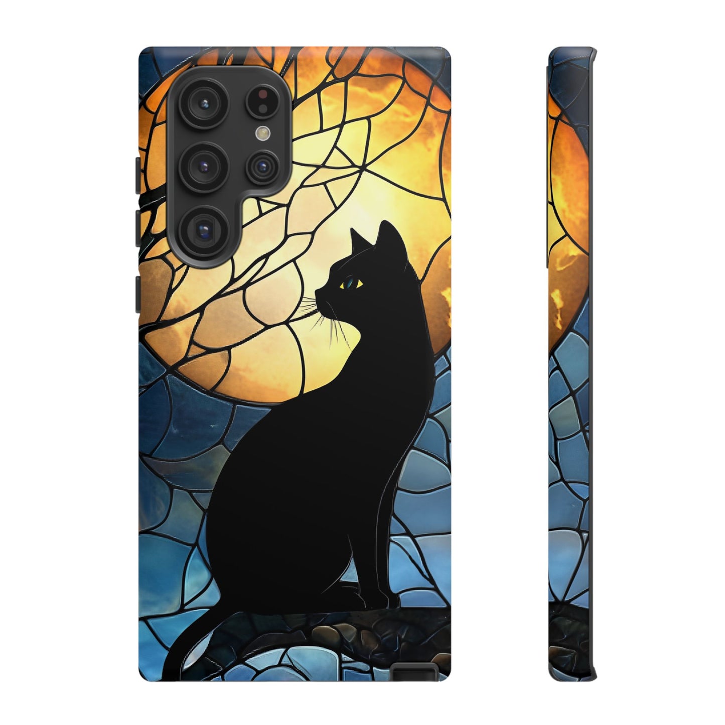 Black Cat and Moon Stained Glass Phone Case - Celestial Cat Lover Phone Cases - iPhone 16 15 14 13 12 11, Samsung Galaxy & Google Pixel Phone Covers