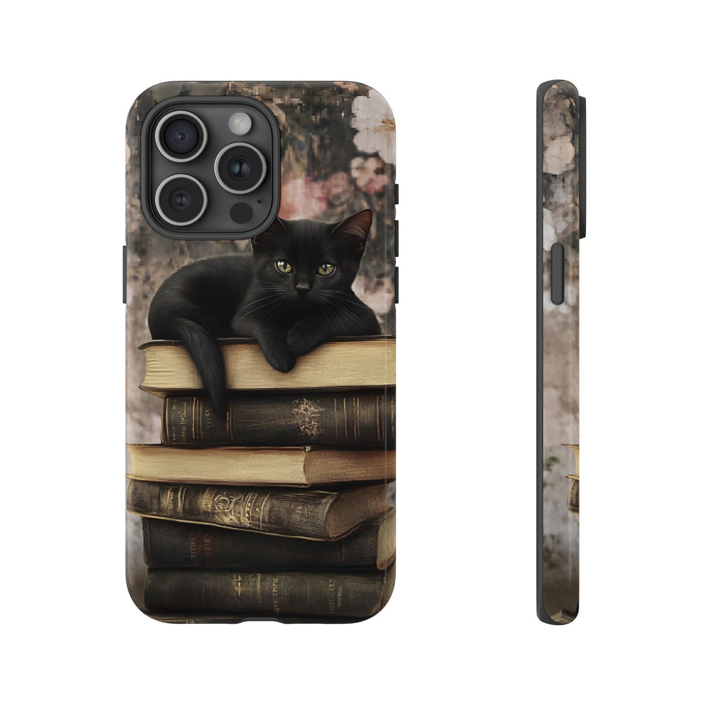 Black Cat and Books Phone Case - Vintage Dark Academia Library Phone Cases for iPhone 16 15 14 13 12 11, Samsung Galaxy & Google Pixel