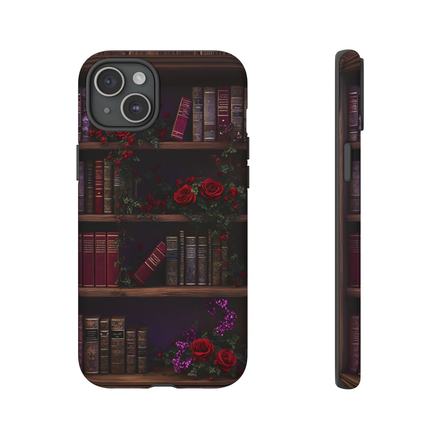 Book Lovers Phone Case - Roses and Books in Moody Vintage Bookshelf - iPhone 16 15 14 13 12 11, Samsung Galaxy & Google Pixel Phone Covers