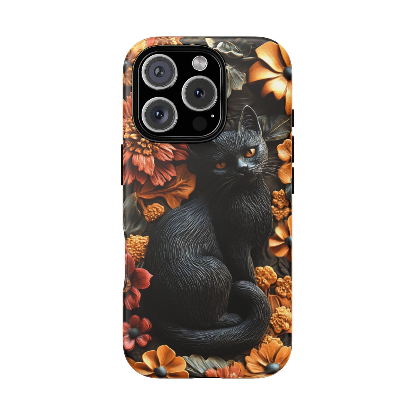 Black Cat Floral Fall Phone Case - Carved Clay Effect Cat Lover Phone Cases - iPhone 16 15 14 13 12 11, Samsung Galaxy & Google Pixel Phone Covers