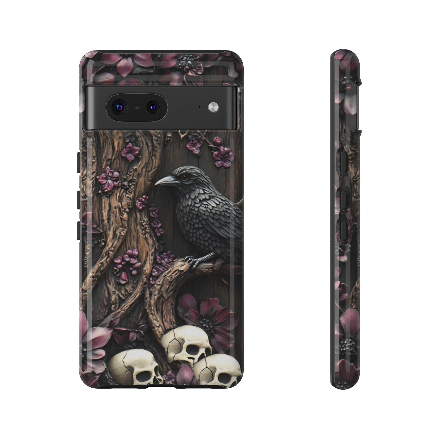 Raven and Skulls Phone Case - Gothic Faux Wood Phone Cases - iPhone 16 15 14 13 12 11, Samsung Galaxy & Google Pixel Phone Covers