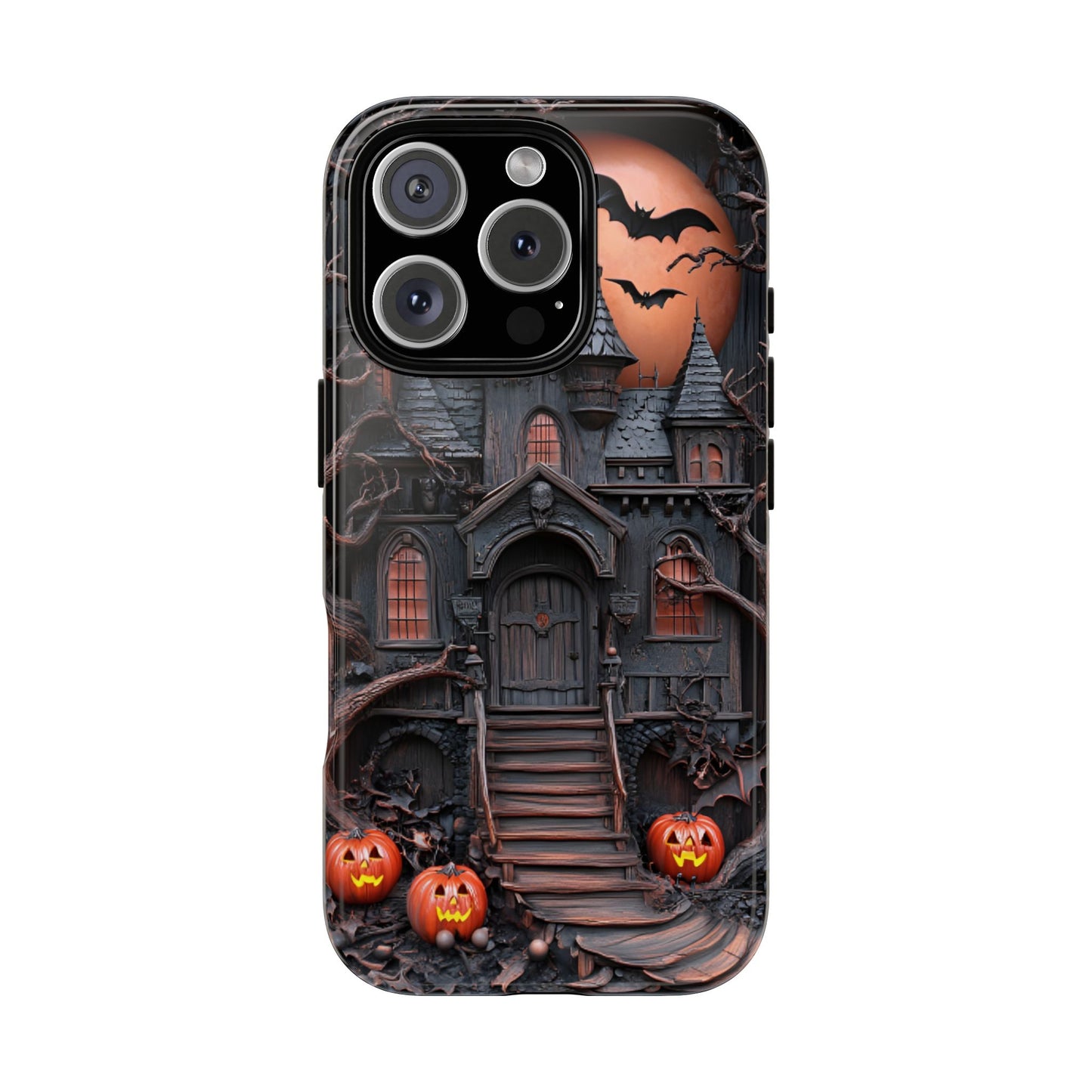 Carved Wood Haunted House Phone Case - Faux Wood Spooky Halloween Phone Cases - iPhone 16 15 14 13 12 11, Samsung Galaxy & Google Pixel Phone Covers