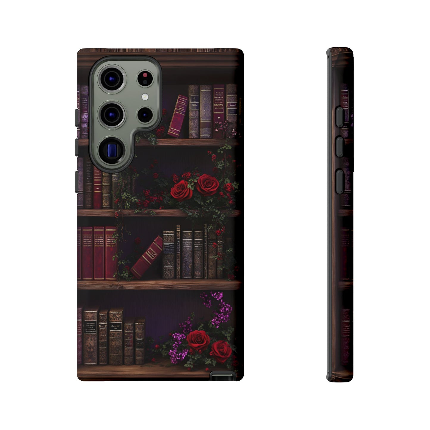 Book Lovers Phone Case - Roses and Books in Moody Vintage Bookshelf - iPhone 16 15 14 13 12 11, Samsung Galaxy & Google Pixel Phone Covers