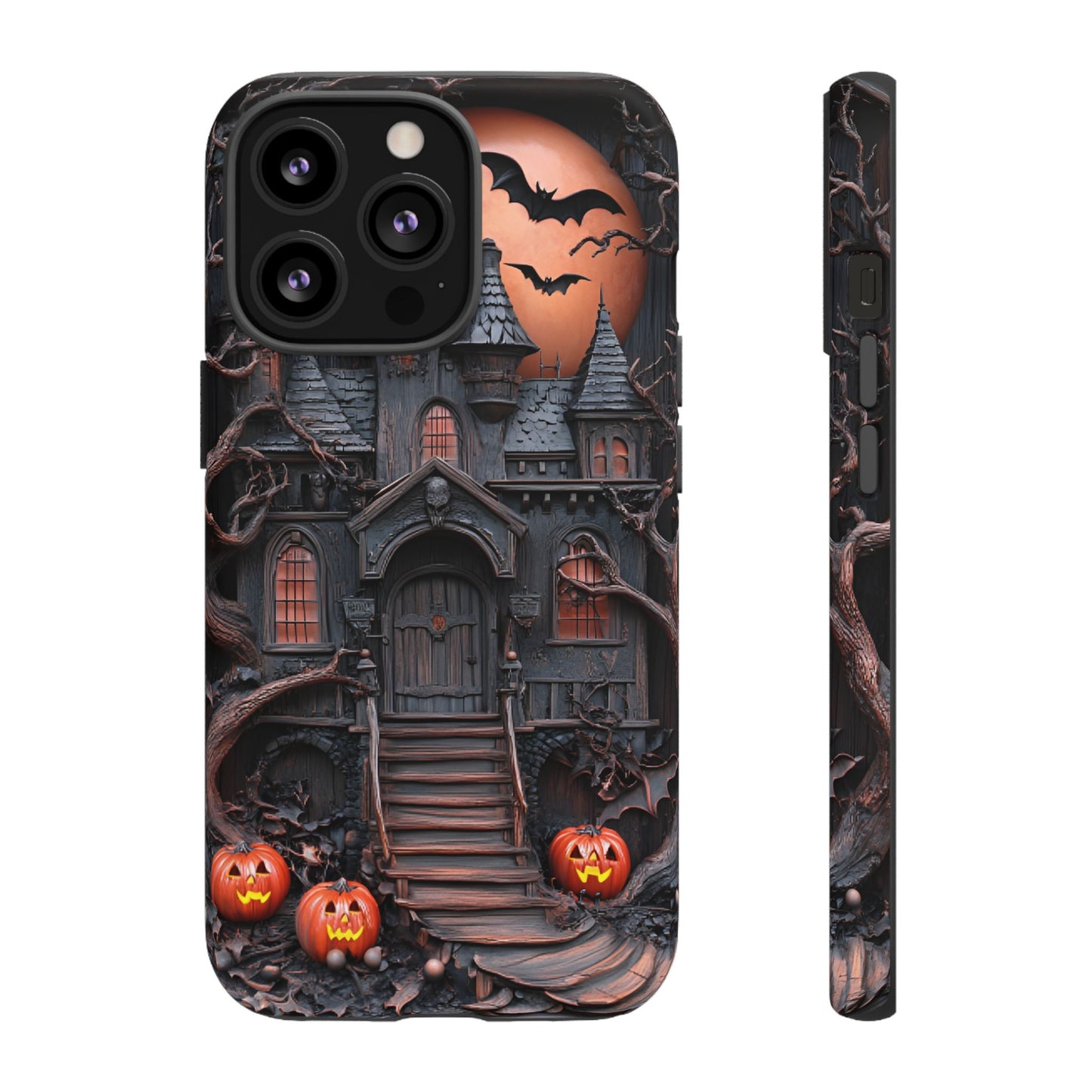 Carved Wood Haunted House Phone Case - Faux Wood Spooky Halloween Phone Cases for iPhone 16 15 14 13 12 11, Samsung Galaxy & Google Pixel