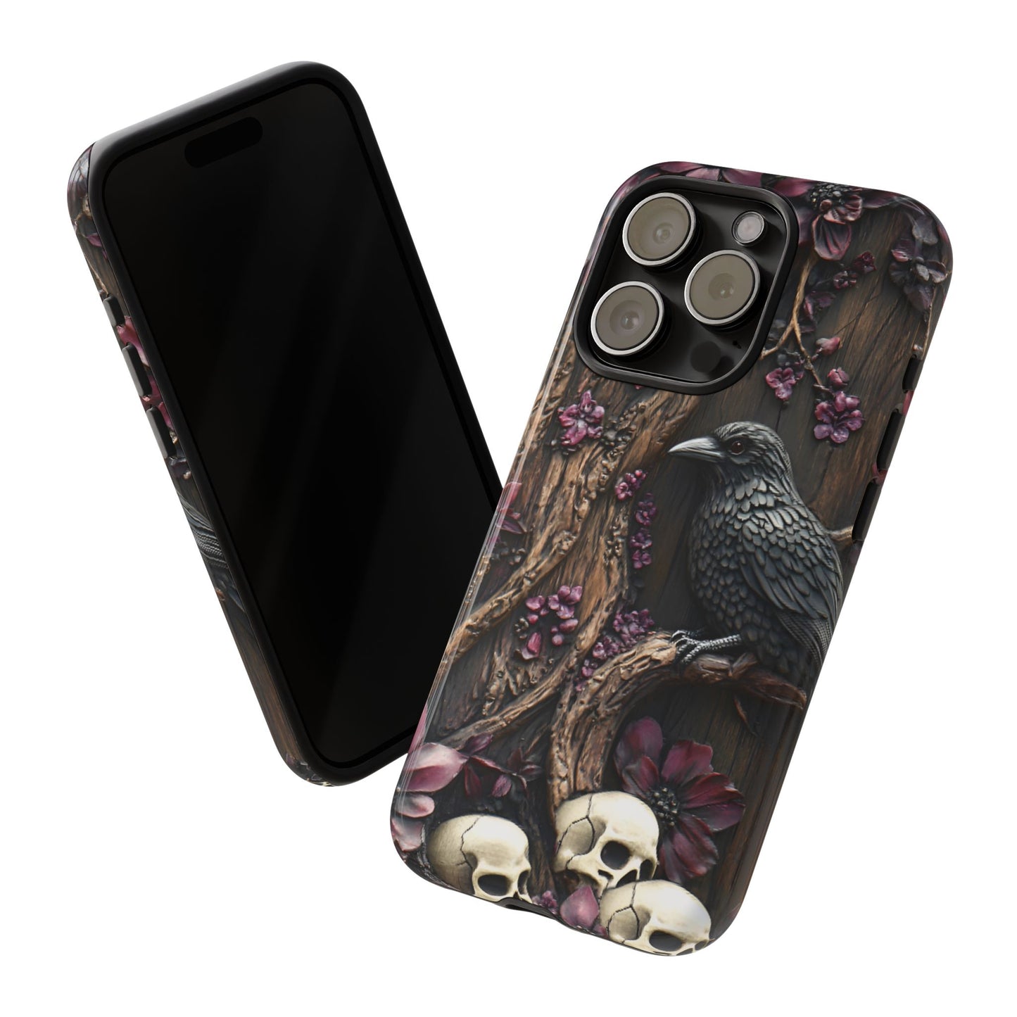 Raven and Skulls Phone Case - Gothic Faux Wood Phone Cases - iPhone 16 15 14 13 12 11, Samsung Galaxy & Google Pixel Phone Covers