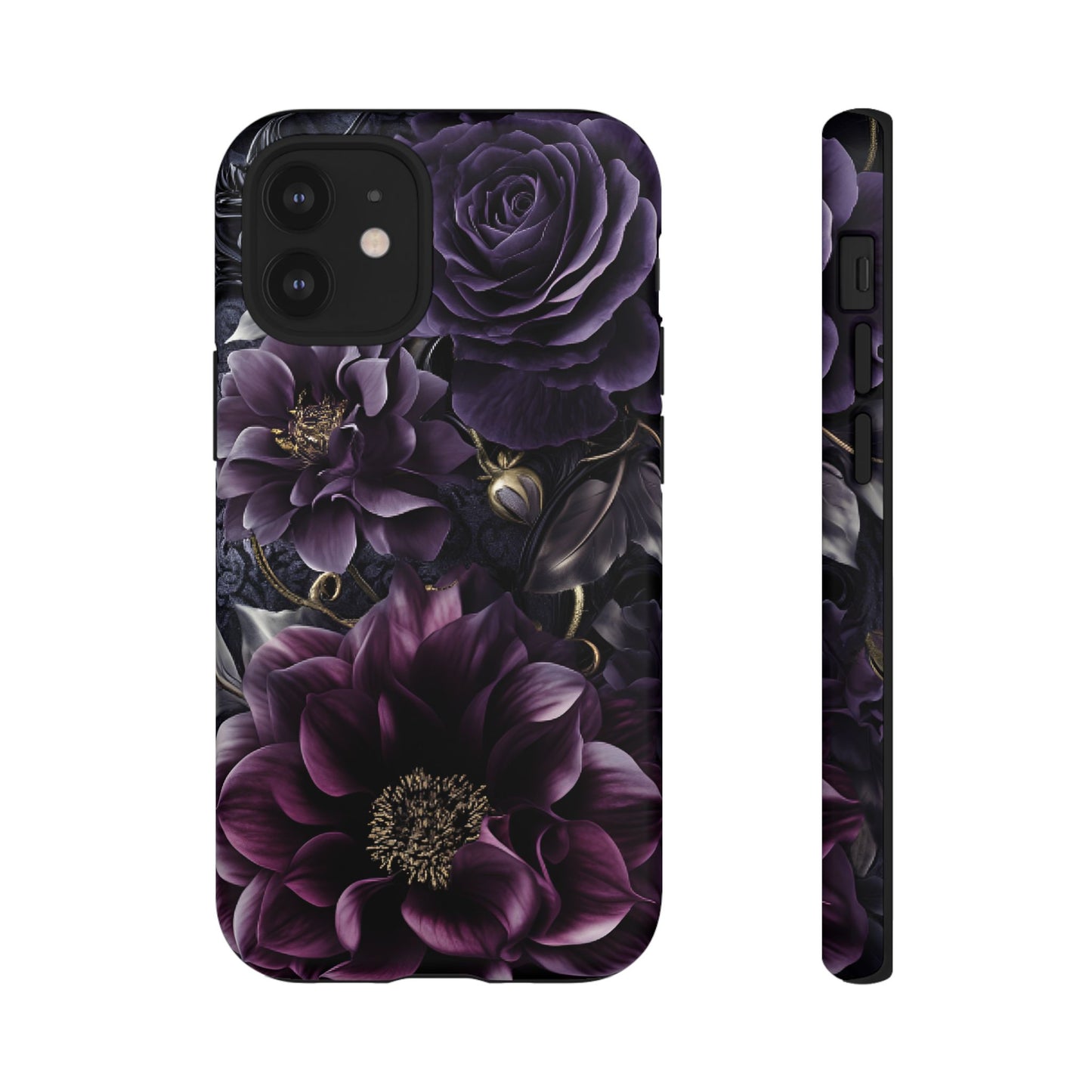 Gothic Dark Floral Phone Case - Aesthetic Purple and Gold Flowers - iPhone 16 15 14 13 12 11, Samsung Galaxy & Google Pixel Phone Covers