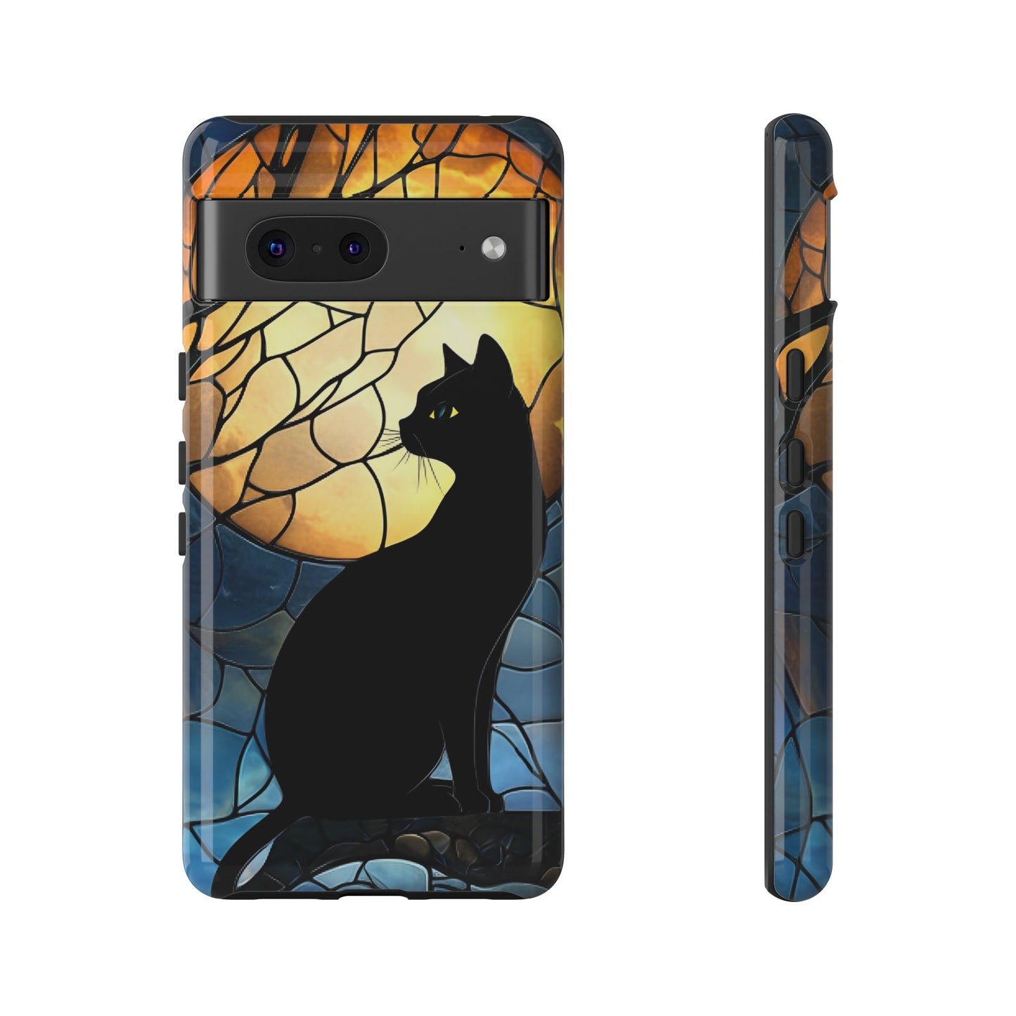 Black Cat and Moon Stained Glass Phone Case - Celestial Cat Lover Phone Cases for iPhone 16 15 14 13 12 11, Samsung Galaxy & Google Pixel