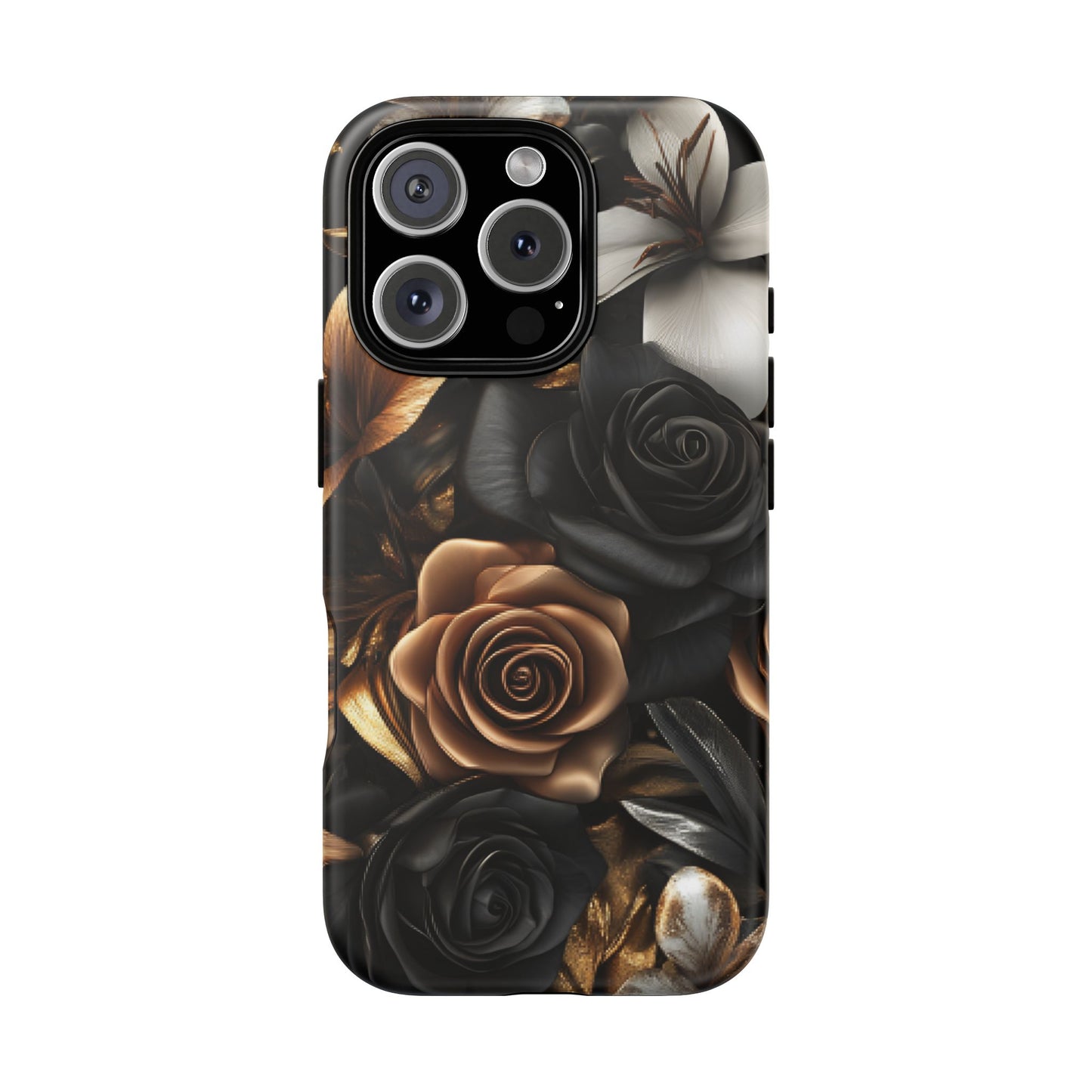 Floral Phone Case - Black and Gold Roses - iPhone 16 15 14 13 12 11, Samsung Galaxy & Google Pixel Phone Covers