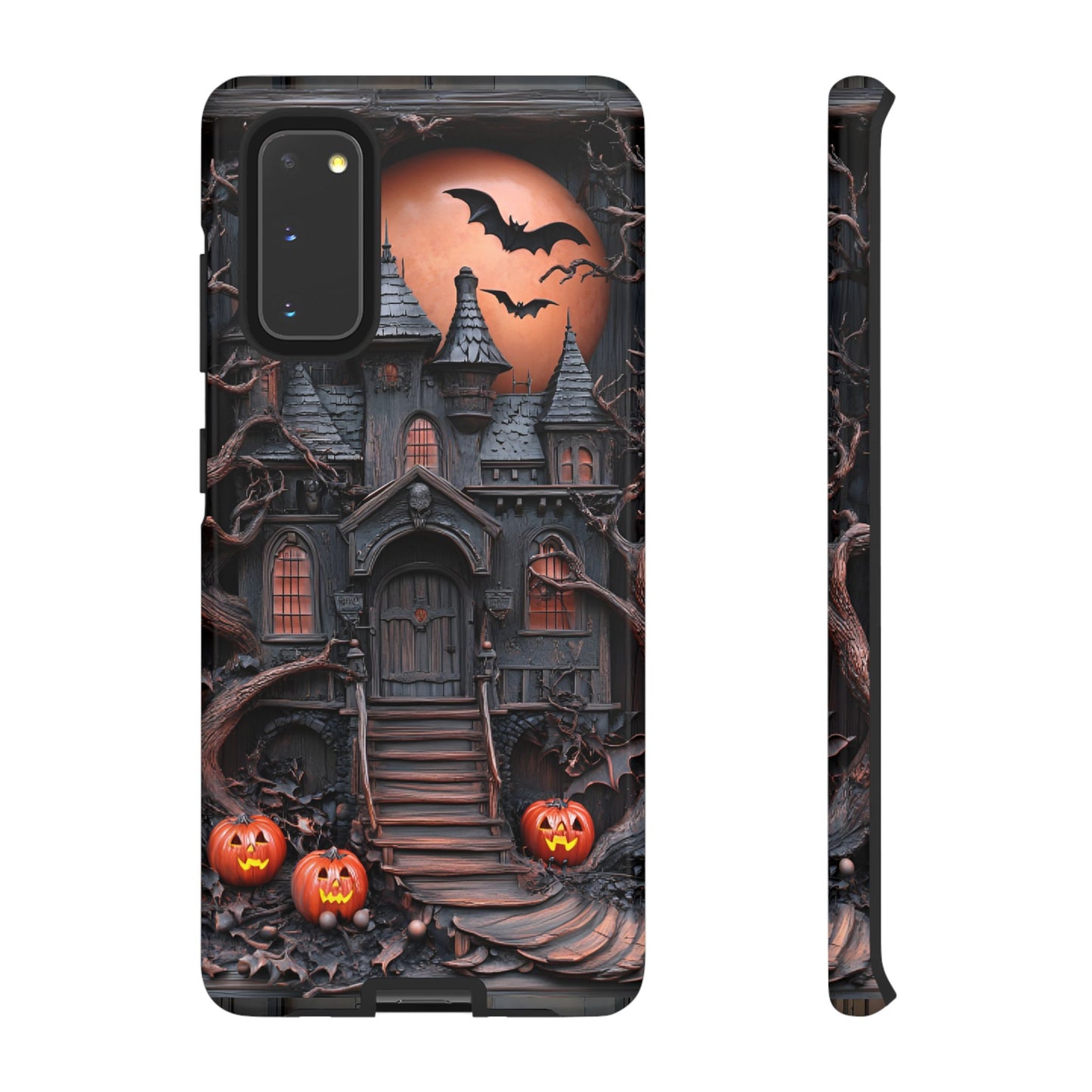 Carved Wood Haunted House Phone Case - Faux Wood Spooky Halloween Phone Cases - iPhone 16 15 14 13 12 11, Samsung Galaxy & Google Pixel Phone Covers - Boo and Bewear