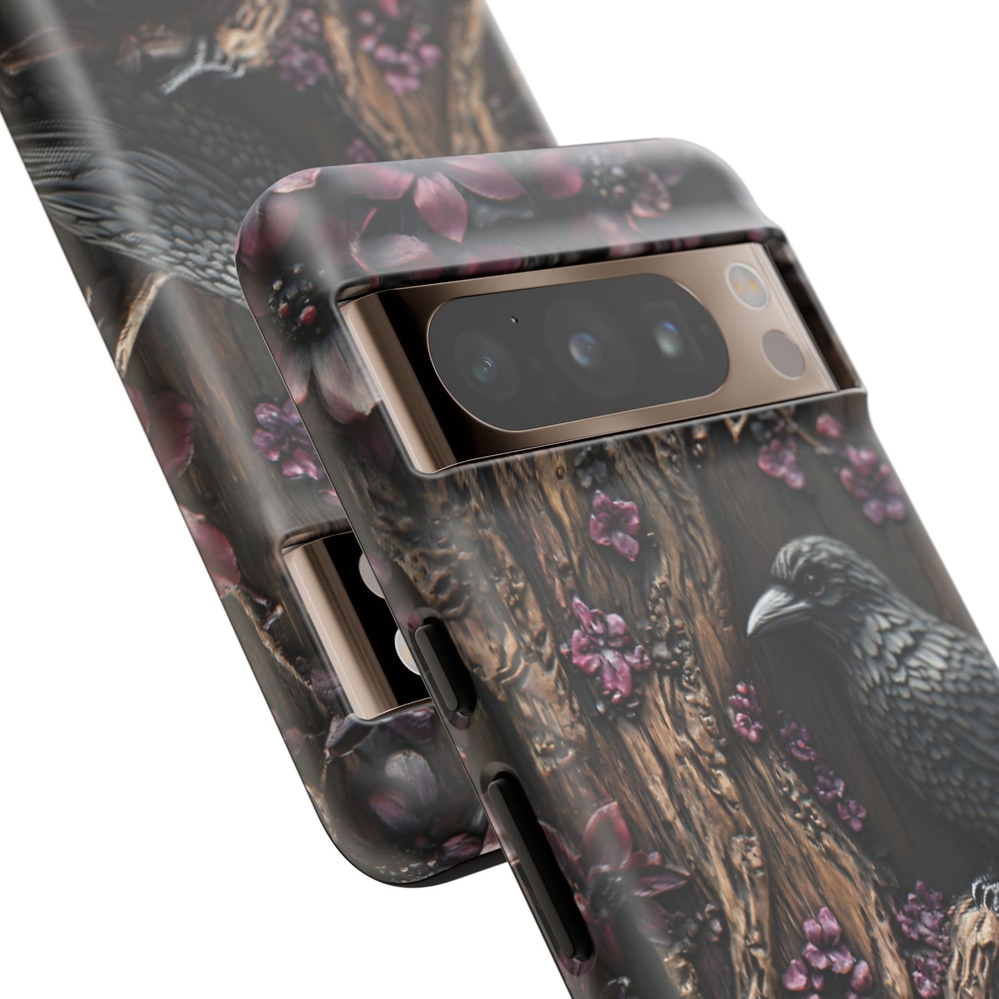 Raven and Skulls Phone Case - Gothic Faux Wood Phone Cases - iPhone 16 15 14 13 12 11, Samsung Galaxy & Google Pixel Phone Covers