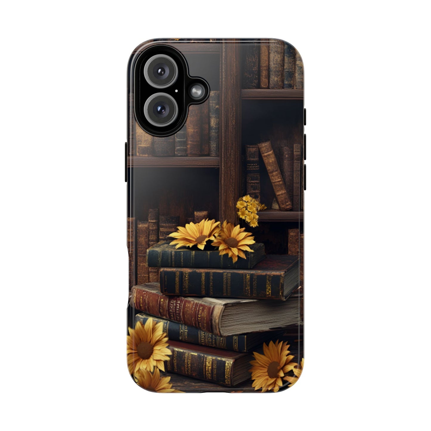 Vintage Books and Sunflowers Phone Case - Dark Academia Library Phone Cases - iPhone 16 15 14 13 12 11, Samsung Galaxy & Google Pixel Phone Covers - Boo and Bewear