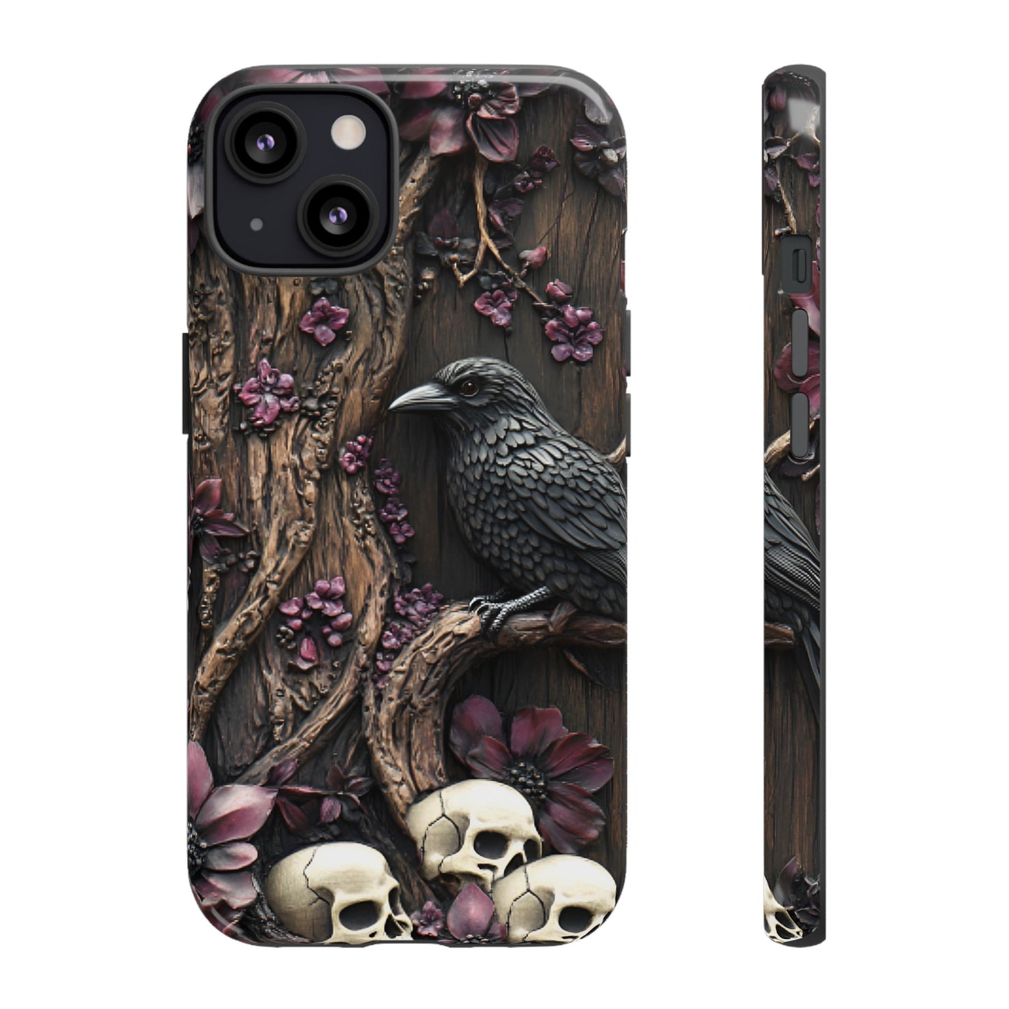 Raven and Skulls Phone Case - Gothic Faux Wood Phone Cases - iPhone 16 15 14 13 12 11, Samsung Galaxy & Google Pixel Phone Covers