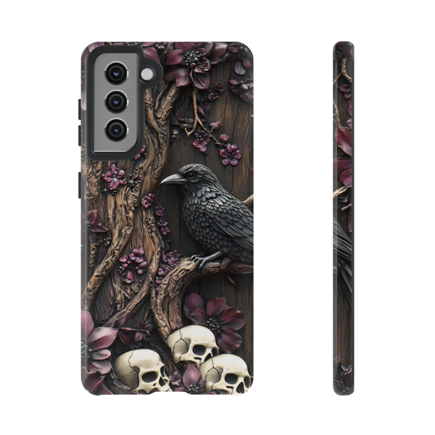 Raven and Skulls Phone Case - Gothic Faux Wood Phone Cases - iPhone 16 15 14 13 12 11, Samsung Galaxy & Google Pixel Phone Covers