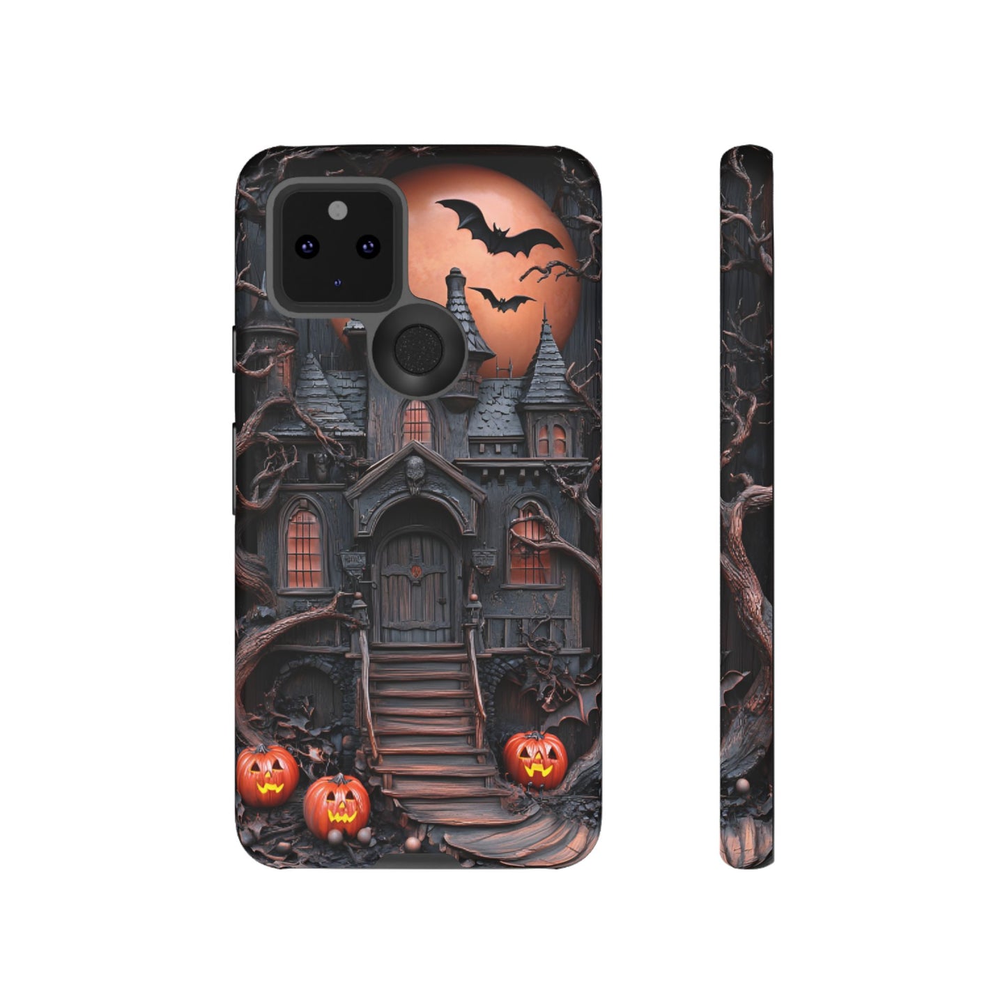 Carved Wood Haunted House Phone Case - Faux Wood Spooky Halloween Phone Cases for iPhone 16 15 14 13 12 11, Samsung Galaxy & Google Pixel