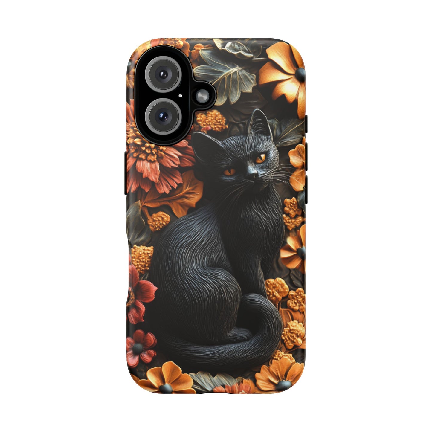 Black Cat Floral Fall Phone Case - Carved Clay Effect Cat Lover Phone Cases - iPhone 16 15 14 13 12 11, Samsung Galaxy & Google Pixel Phone Covers