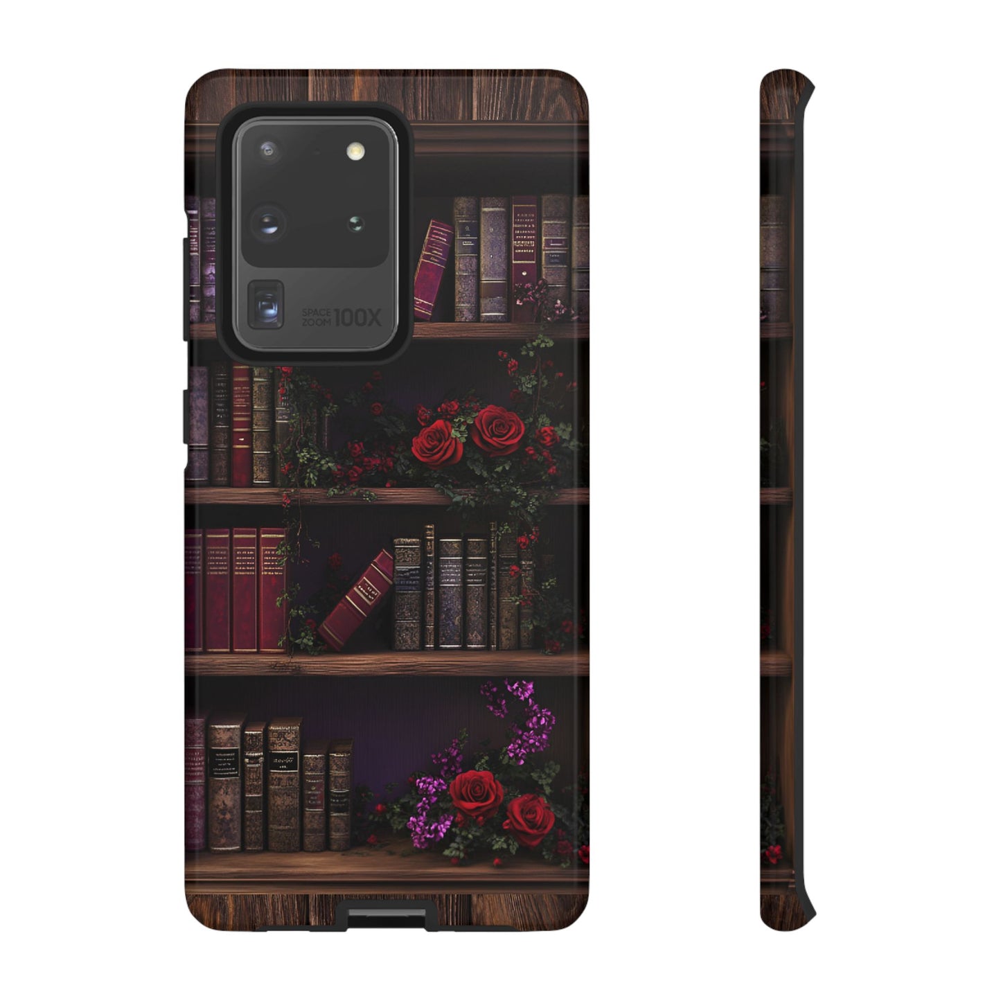 Book Lovers Phone Case - Roses and Books in Moody Vintage Bookshelf for iPhone 16 15 14 13 12 11, Samsung Galaxy & Google Pixel