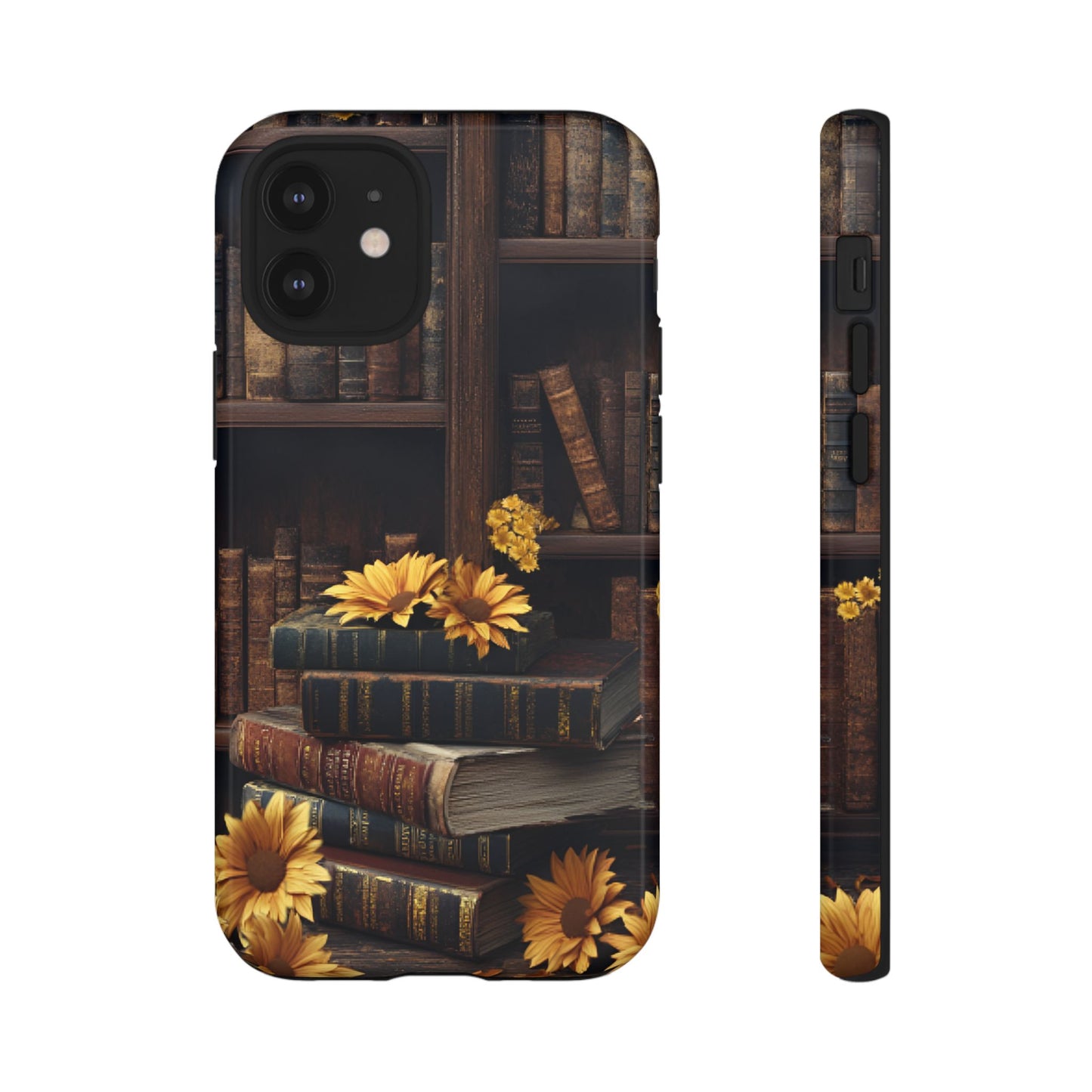 Vintage Books and Sunflowers Phone Case - Dark Academia Library Phone Cases for iPhone 16 15 14 13 12 11, Samsung Galaxy & Google Pixel