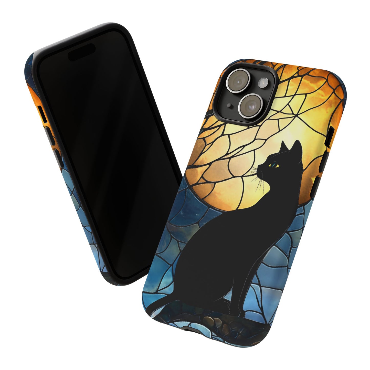 Black Cat and Moon Stained Glass Phone Case - Celestial Cat Lover Phone Cases - iPhone 16 15 14 13 12 11, Samsung Galaxy & Google Pixel Phone Covers