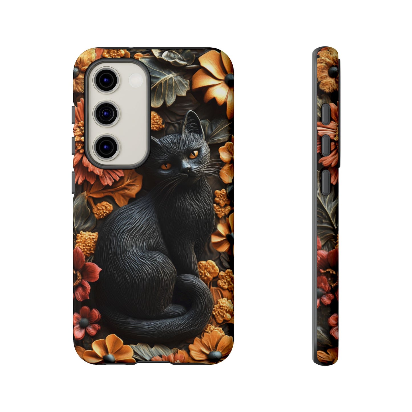 Black Cat Floral Fall Phone Case - Carved Clay Effect Cat Lover Phone Cases for iPhone 16 15 14 13 12 11, Samsung Galaxy & Google Pixel