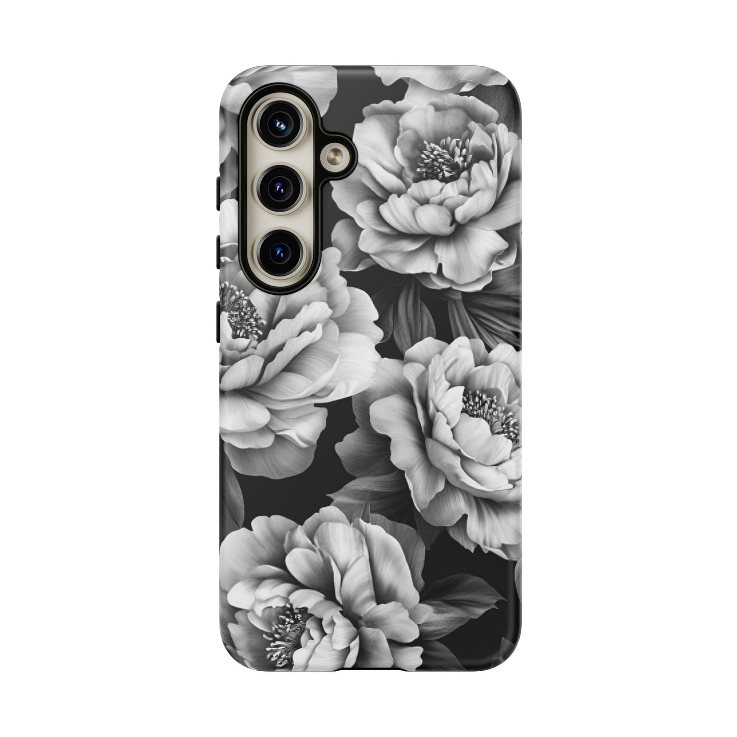 Black and White Peony Flower Phone Case - Aesthetic Dark Floral Phone Cases - iPhone 16 15 14 13 12 11, Samsung Galaxy & Google Pixel Phone Covers