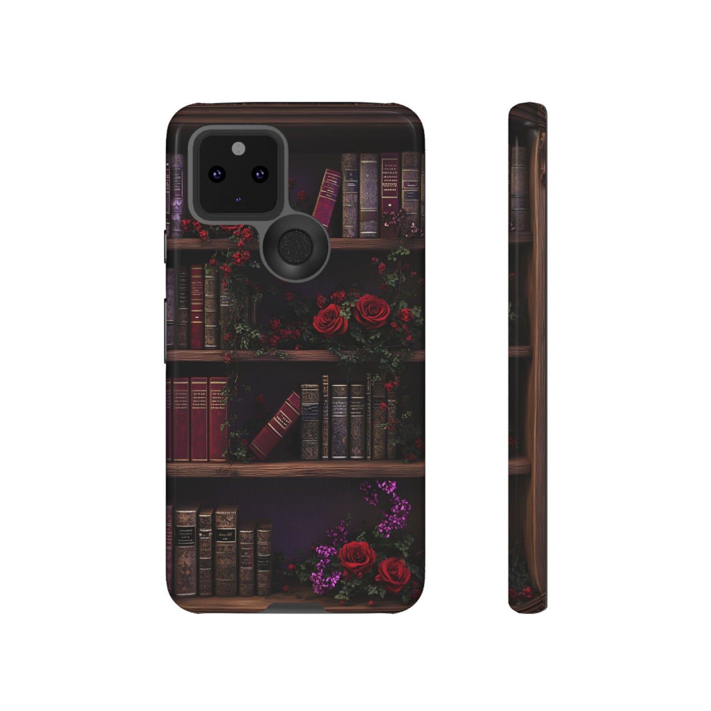 Book Lovers Phone Case - Roses and Books in Moody Vintage Bookshelf for iPhone 16 15 14 13 12 11, Samsung Galaxy & Google Pixel