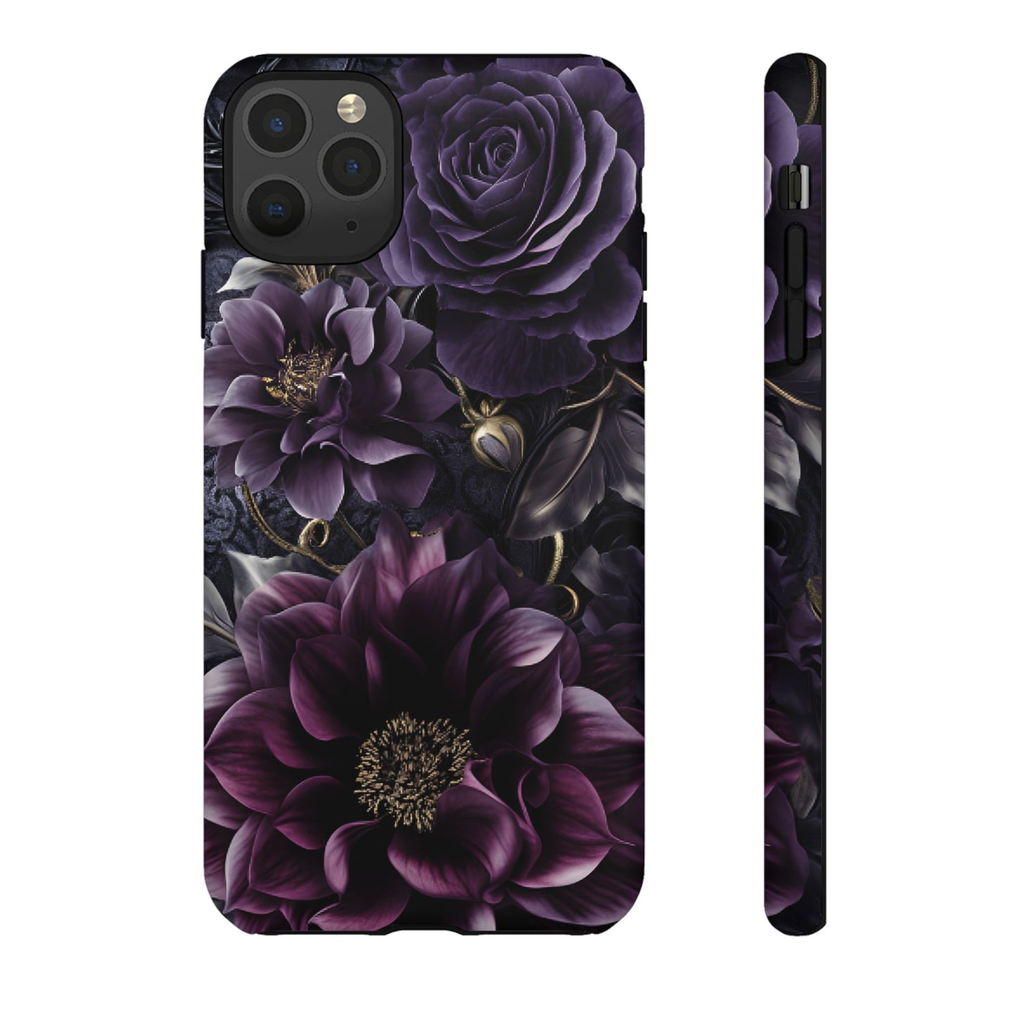 Gothic Dark Floral Phone Case - Aesthetic Purple and Gold Flowers - iPhone 16 15 14 13 12 11, Samsung Galaxy & Google Pixel Phone Covers