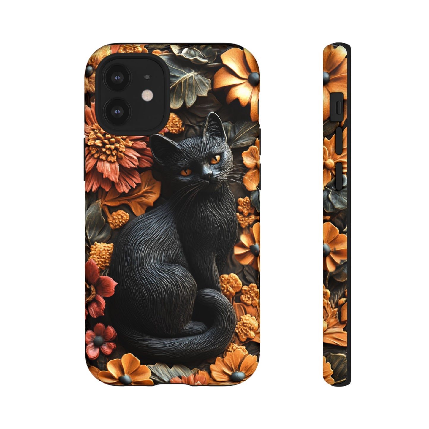 Black Cat Floral Fall Phone Case - Carved Clay Effect Cat Lover Phone Cases for iPhone 16 15 14 13 12 11, Samsung Galaxy & Google Pixel