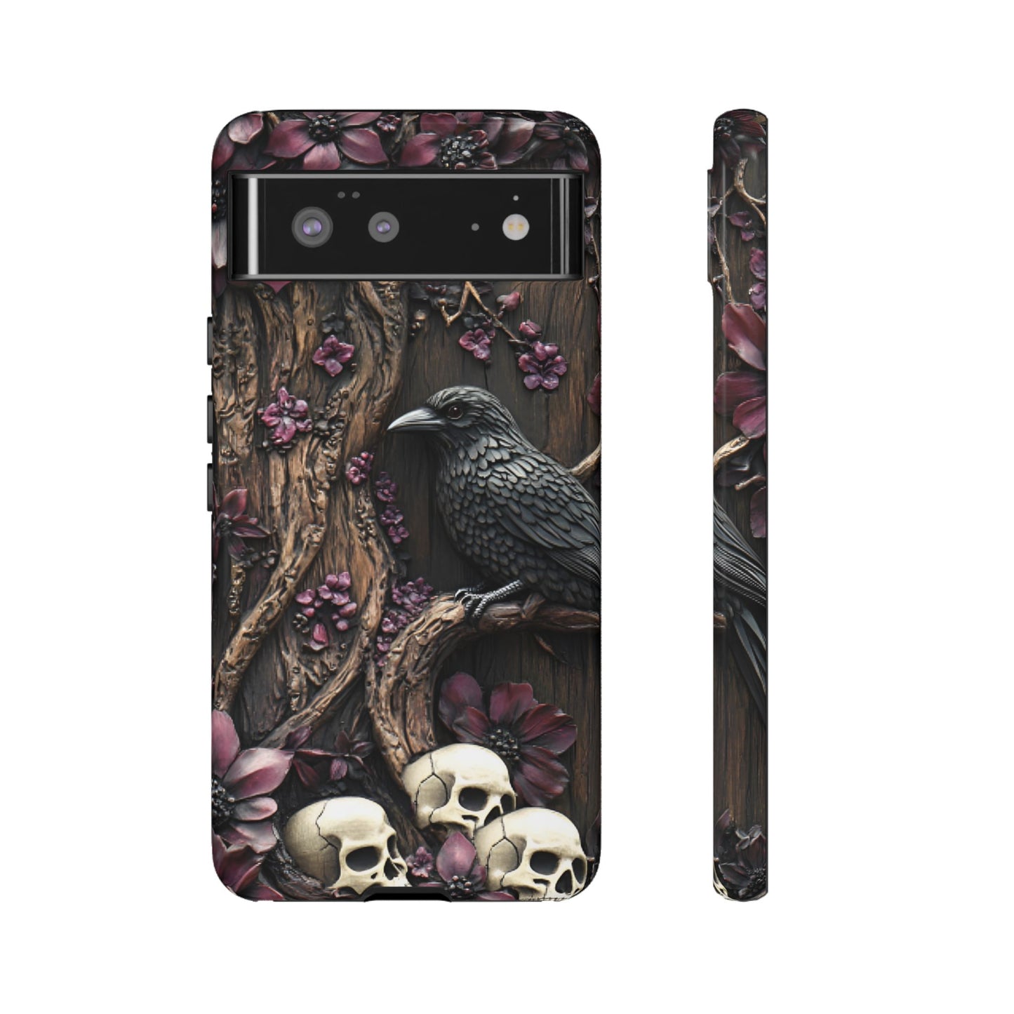 Raven and Skulls Phone Case - Gothic Faux Wood Phone Cases - iPhone 16 15 14 13 12 11, Samsung Galaxy & Google Pixel Phone Covers