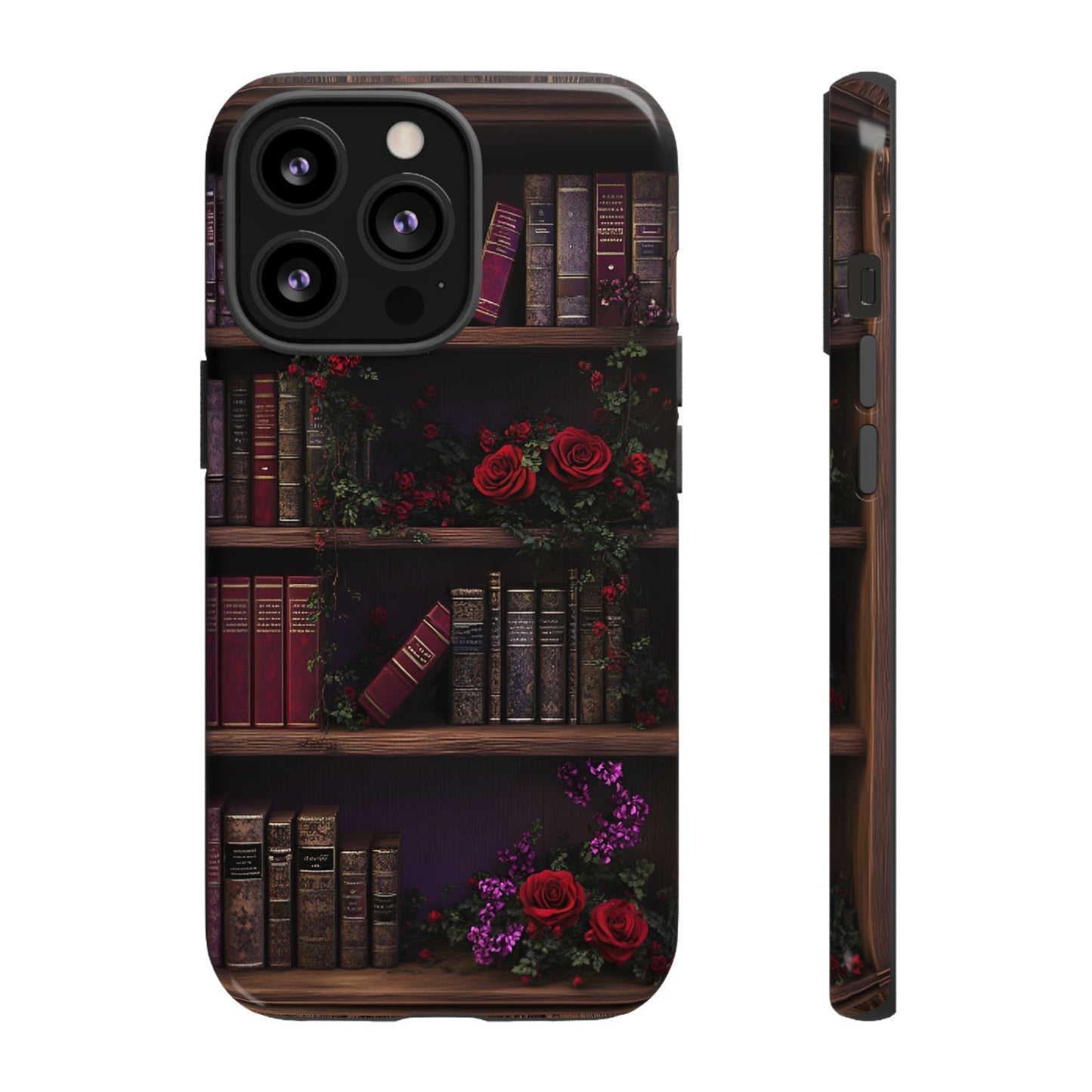 Book Lovers Phone Case - Roses and Books in Moody Vintage Bookshelf for iPhone 16 15 14 13 12 11, Samsung Galaxy & Google Pixel