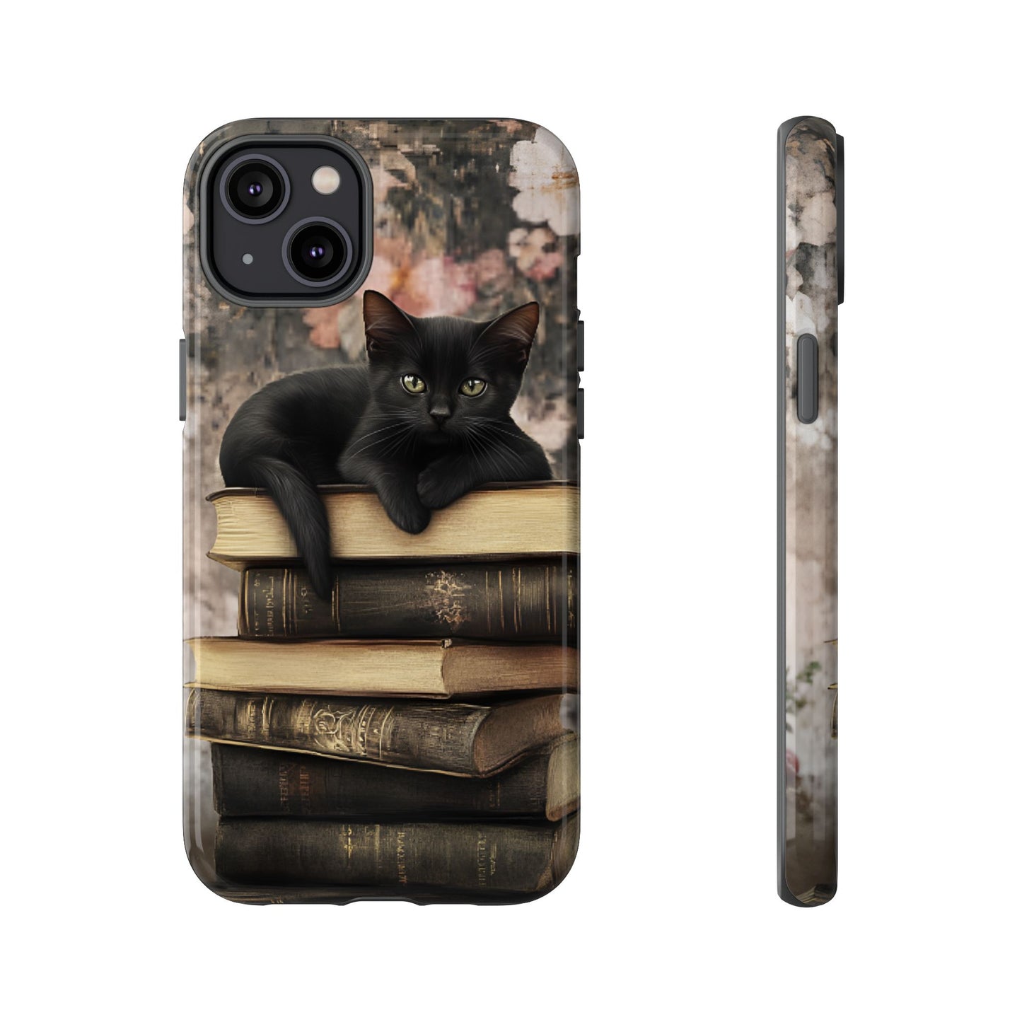 Black Cat and Books Phone Case - Vintage Dark Academia Library Phone Cases for iPhone 16 15 14 13 12 11, Samsung Galaxy & Google Pixel