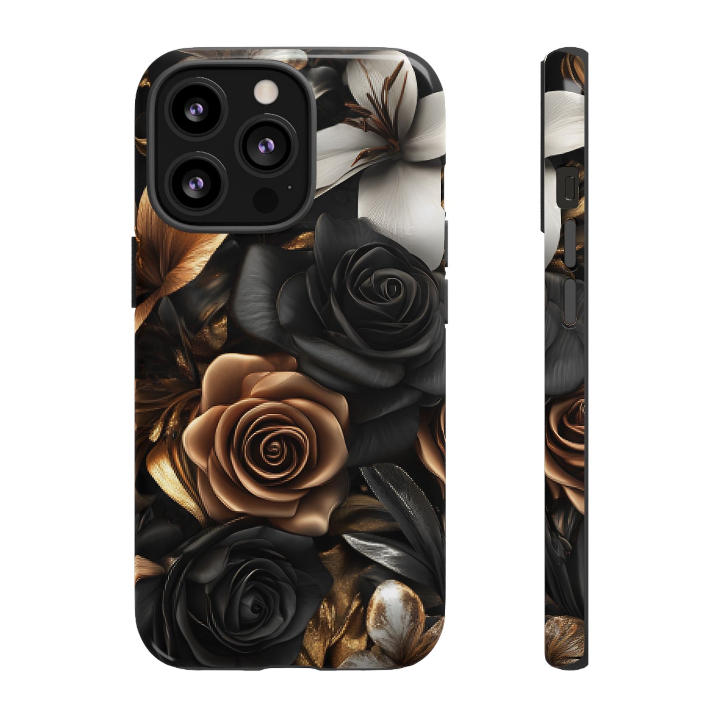 Floral Phone Case - Black and Gold Roses for iPhone 16 15 14 13 12 11, Samsung Galaxy & Google Pixel