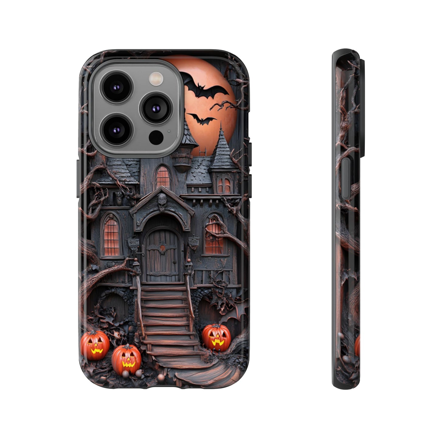 Carved Wood Haunted House Phone Case - Faux Wood Spooky Halloween Phone Cases - iPhone 16 15 14 13 12 11, Samsung Galaxy & Google Pixel Phone Covers