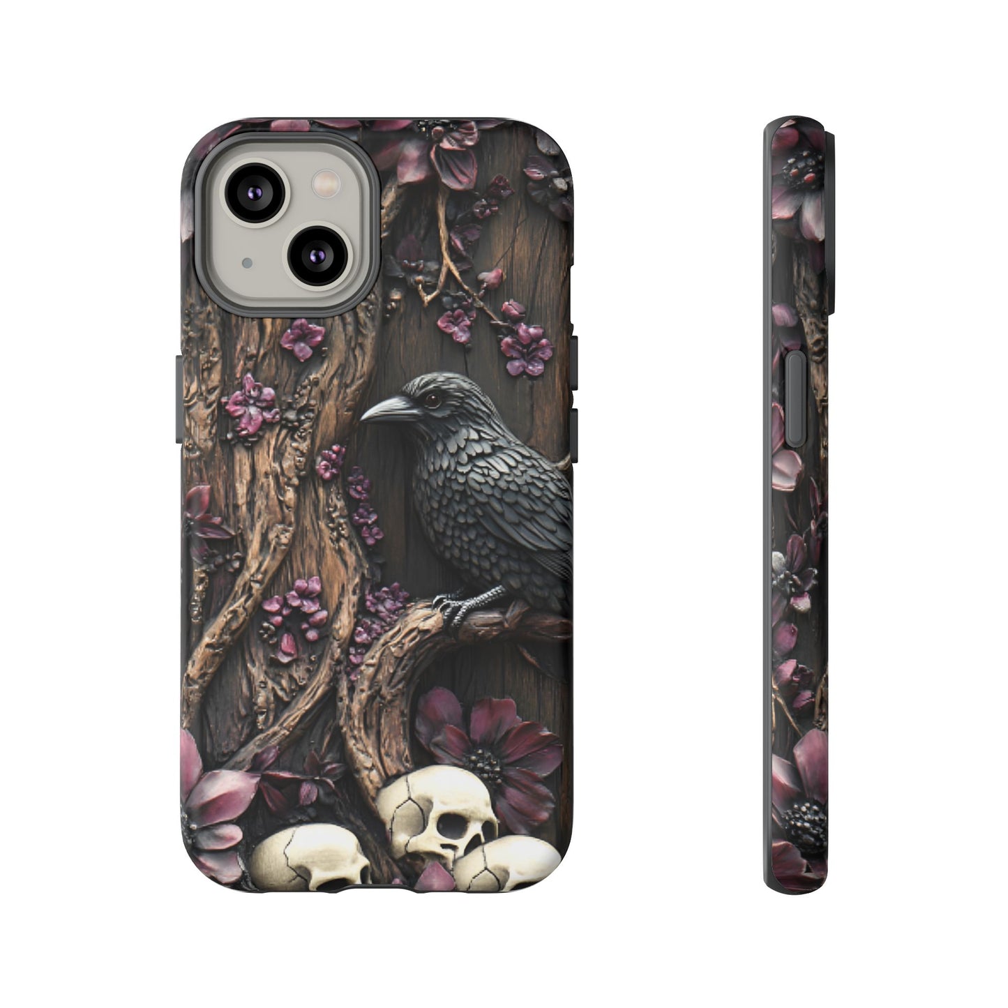 Raven and Skulls Phone Case - Gothic Faux Wood Phone Cases - iPhone 16 15 14 13 12 11, Samsung Galaxy & Google Pixel Phone Covers