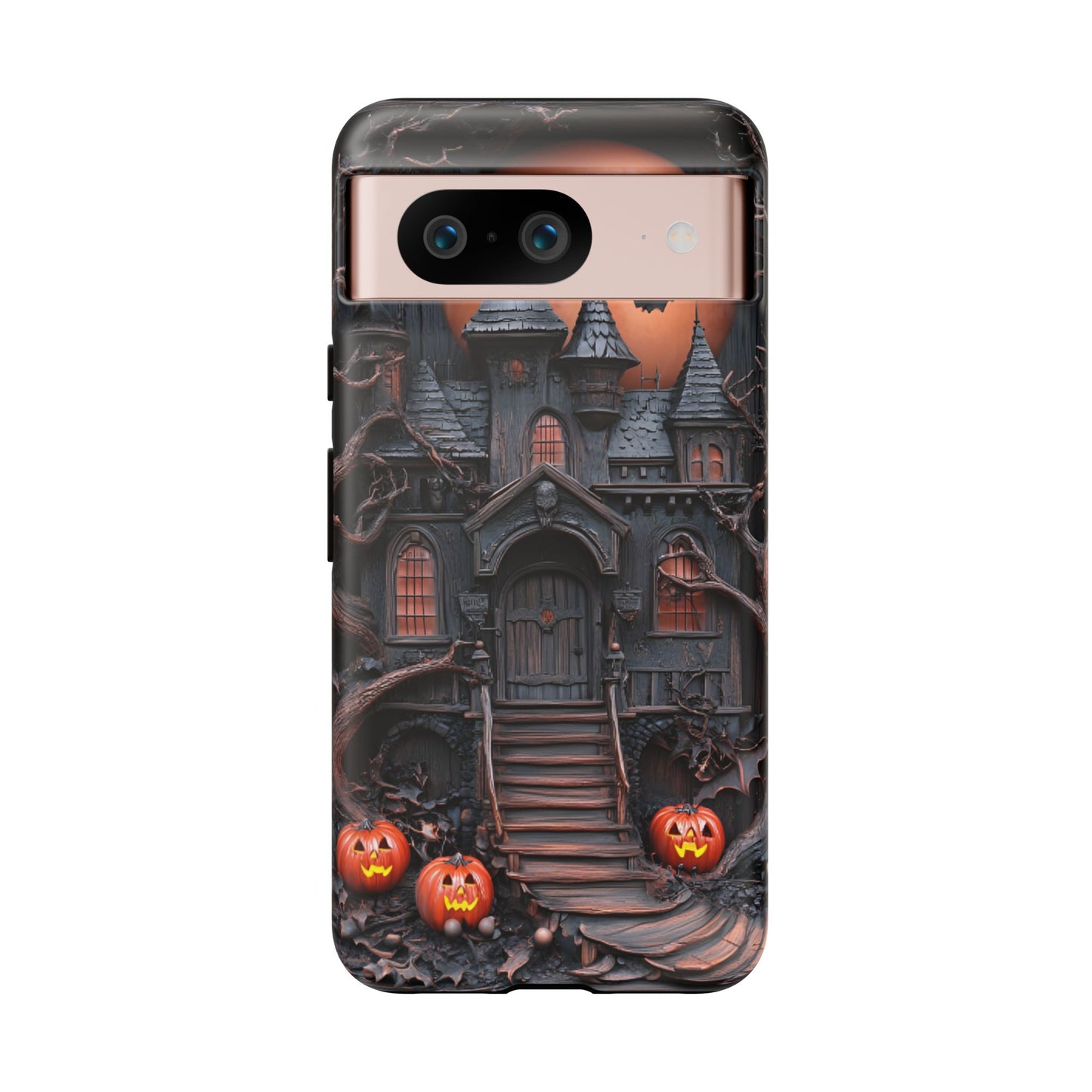 Carved Wood Haunted House Phone Case - Faux Wood Spooky Halloween Phone Cases - iPhone 16 15 14 13 12 11, Samsung Galaxy & Google Pixel Phone Covers