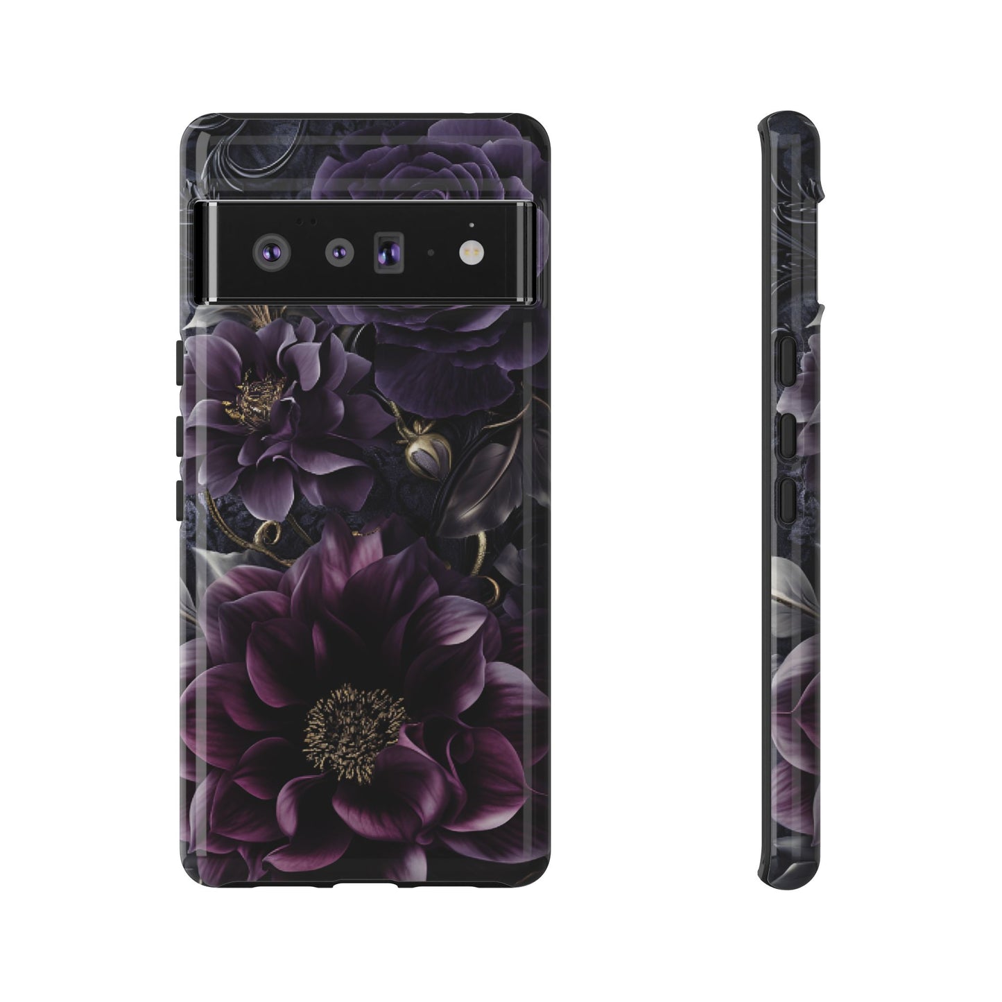 Gothic Dark Floral Phone Case - Aesthetic Purple and Gold Flowers for iPhone 16 15 14 13 12 11, Samsung Galaxy & Google Pixel